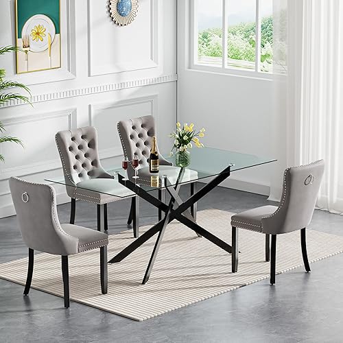 Miniatura 16 de Juego de mesa de comedor de cristal dorado moderno de 51 pulgadas para 4, juego de mesa de comedor rectangular de 5 piezas con patas cruzadas