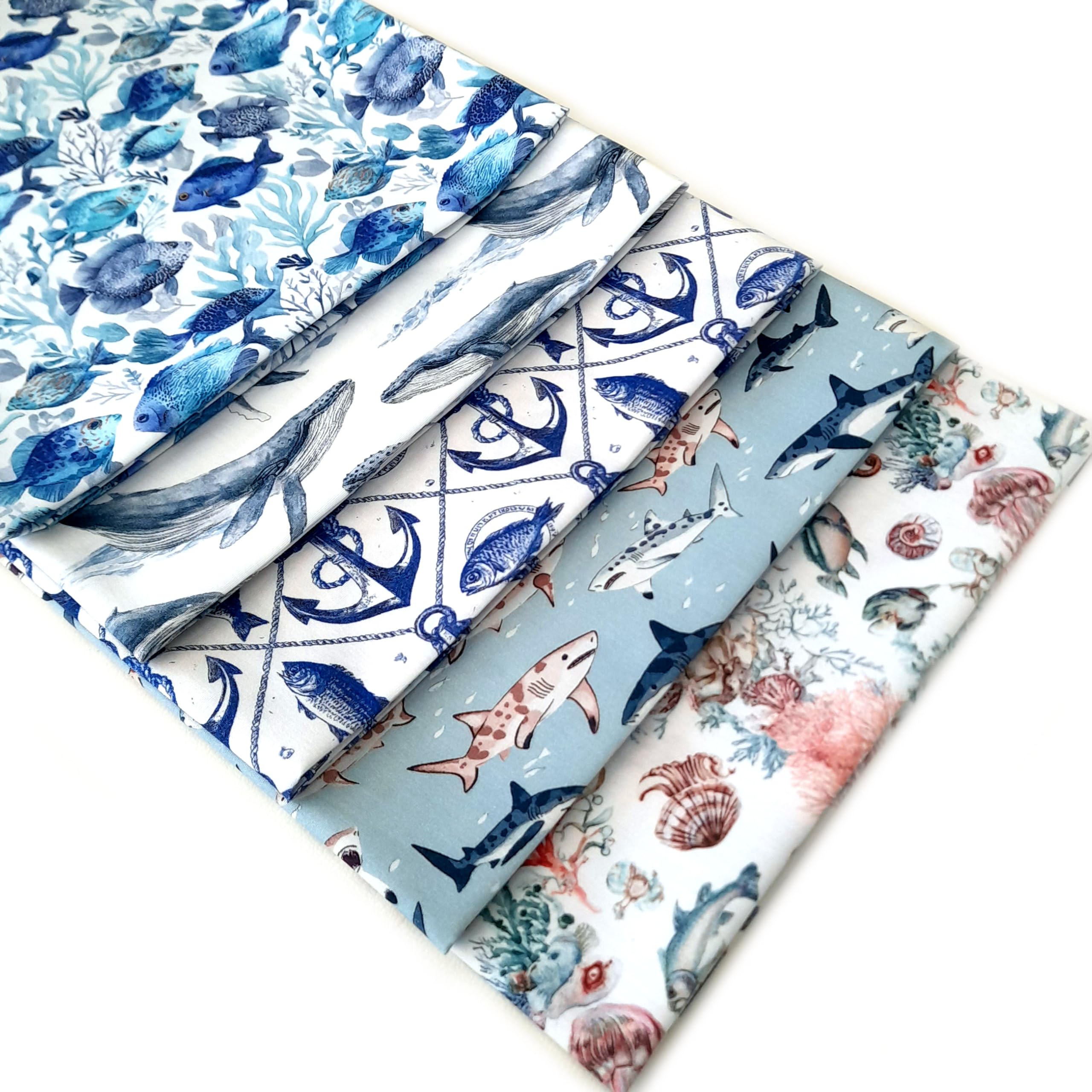 Ocean Creatures Fat Quarter Fabric Bundle, 5 x Cotton Poplin Quarters Fabric Bundle 50 x 55cm - Nautical Themed
