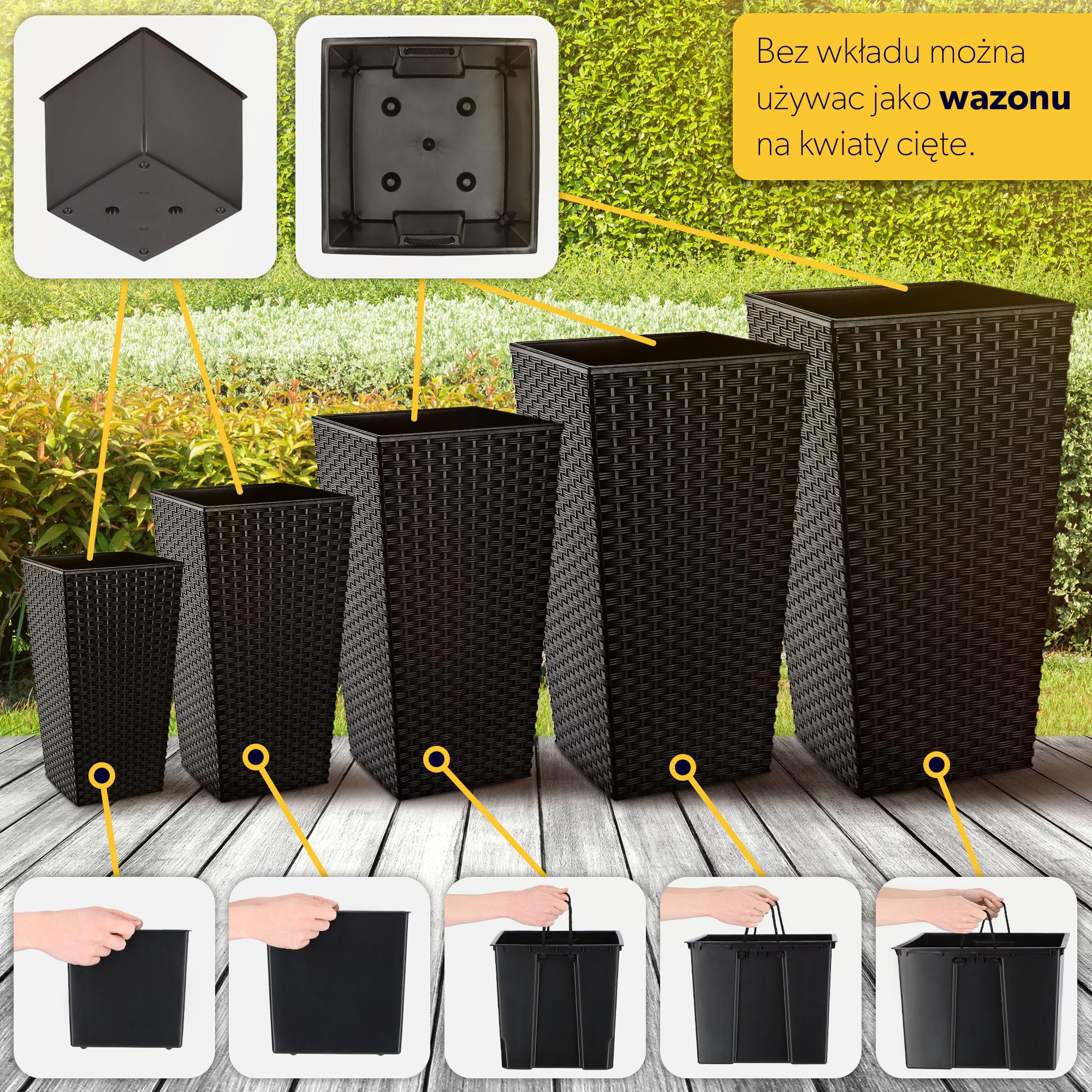 KADAX Zestaw 3 Donic z Wkładem wys. 36/46,5/57,5 cm, ok. 43L łącznie, Czarny rattan Rattan odporne na warunki atmosferyczne do Wewnątrz i na Zewnątrz
