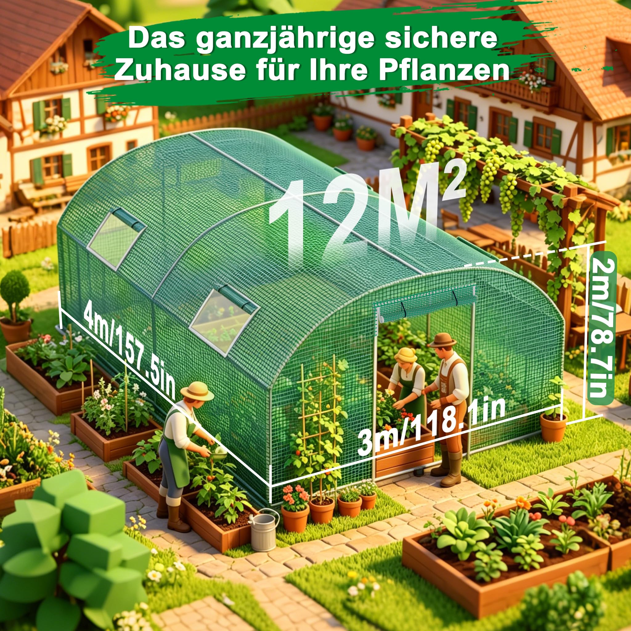 YRHome 3 x 4 x 2 m, duża, foliowa szklarnia, odporna na warunki zimowe, stal ocynkowana, zielona szklarnia z drzwiami i oknami, wzór łuku, domek ogrodowy do hodowli, pomidorów, roślin