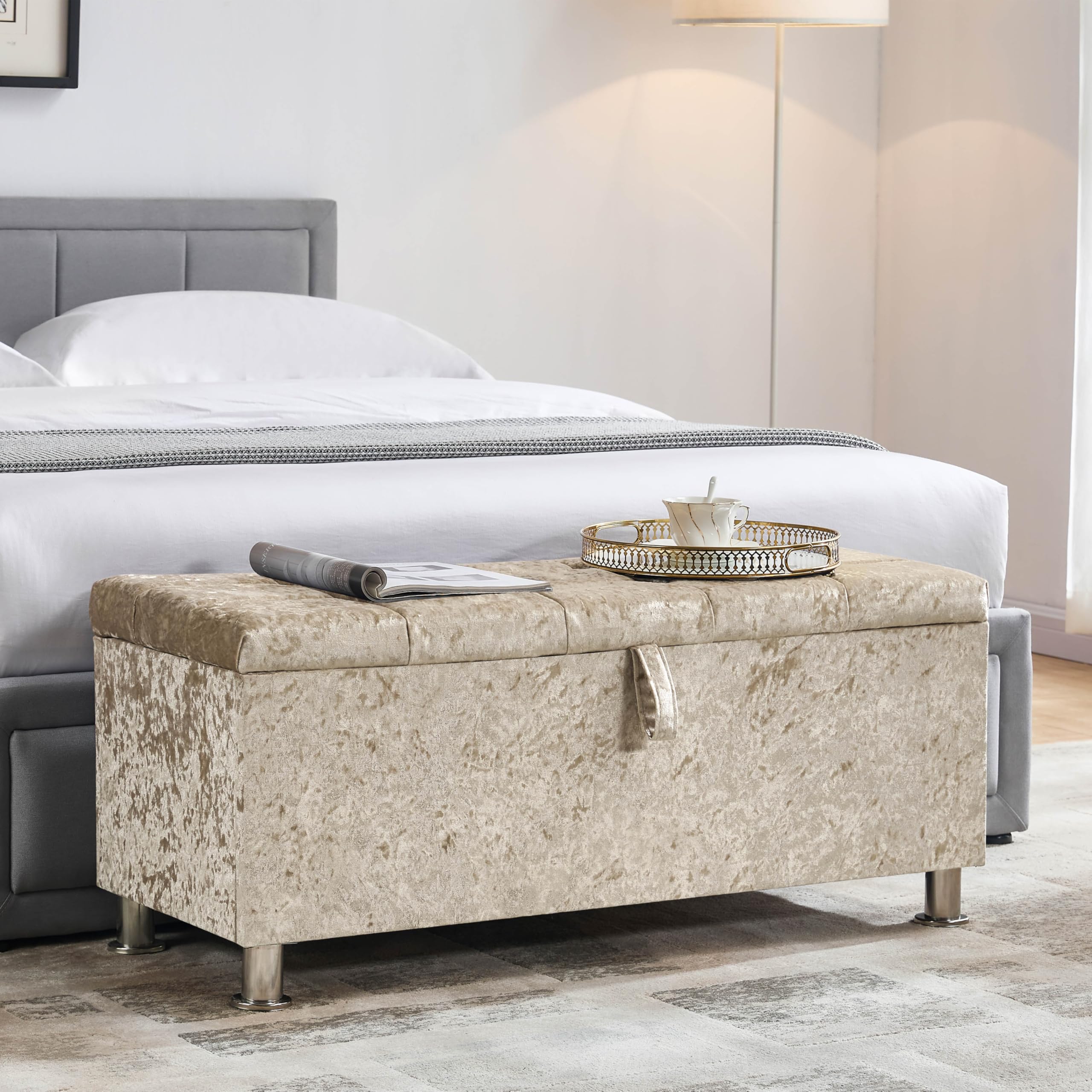 Valencia Fabric Storage Ottoman - Crushed Velvet Champagne