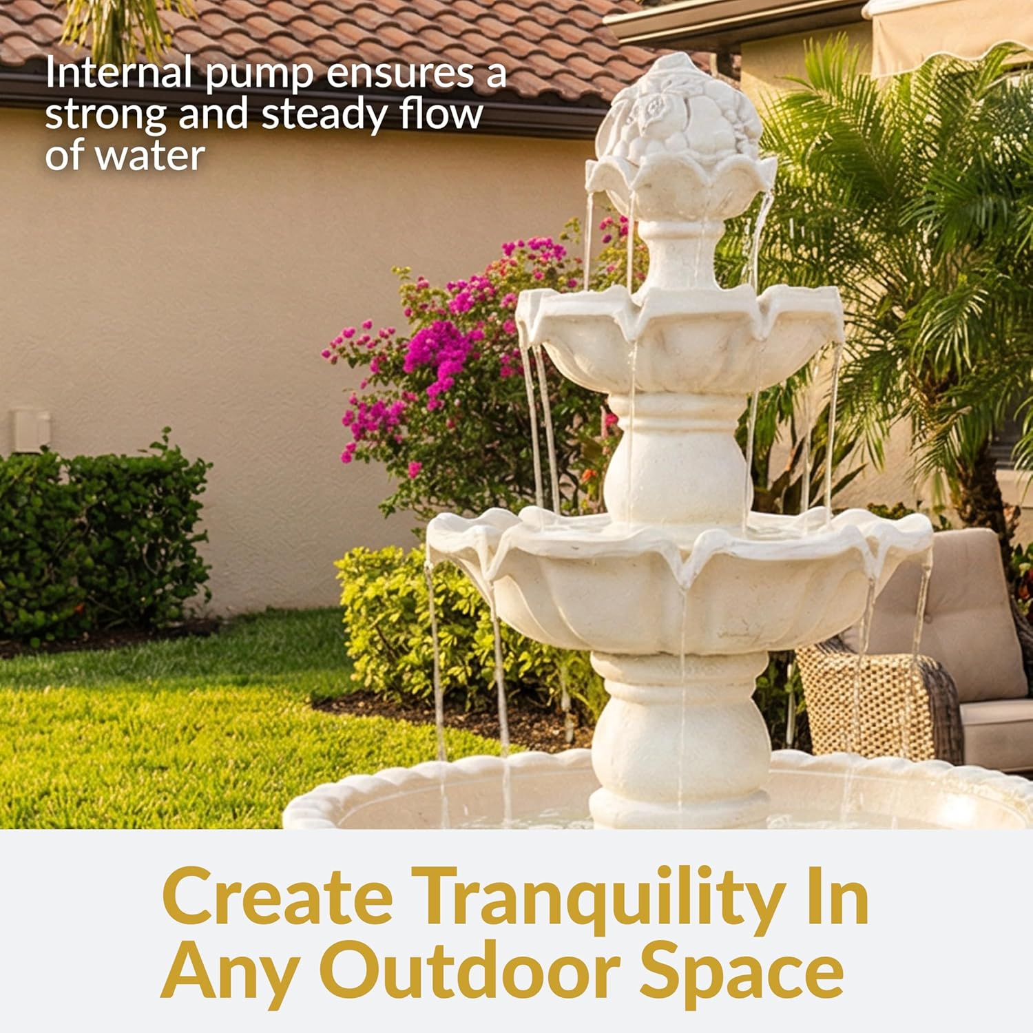Sunnydaze 52-Inch 3-Tier Outdoor Water Fountain with Fruit Top - Large Outdoor Water Feature for Garden, Patio, Yard or Balcony - White