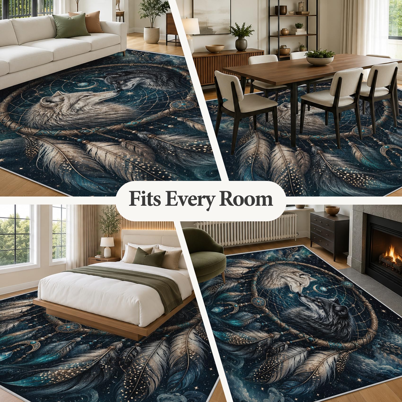 Generisch Wolf Traumfänger Teppich Waschbar rutschfest 80x150cm | Blau Galaxie Teppiche, Weich Kurzflor Teppich für Wohnzimmer Schlafzimmer Bettvorleger Küche, tV674