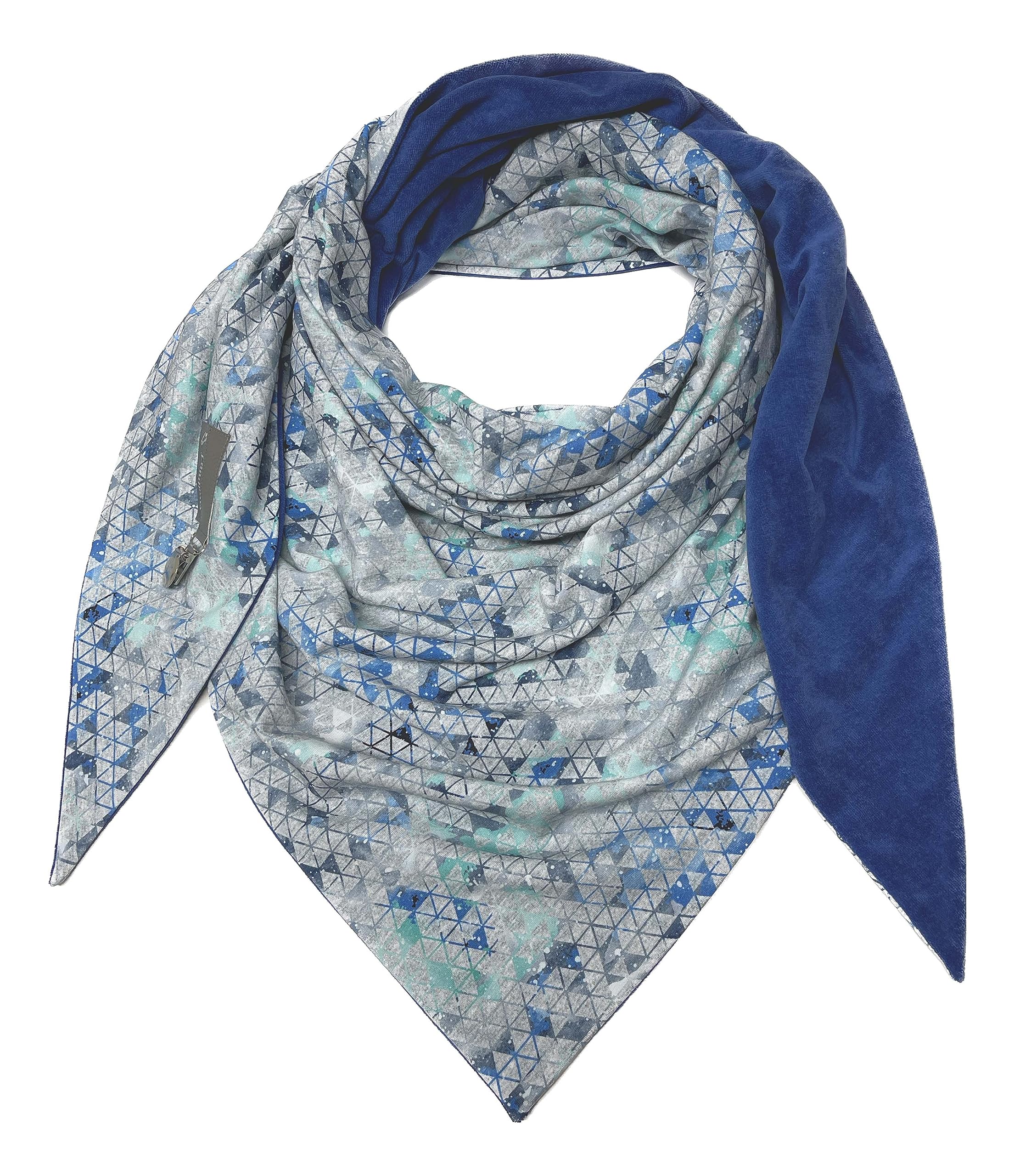 handmade - XXL Dreieckstuch in Blau & Grau – doppellagig mit Nicki | weiches Halstuch für Herbst, Winter & Übergangszeit