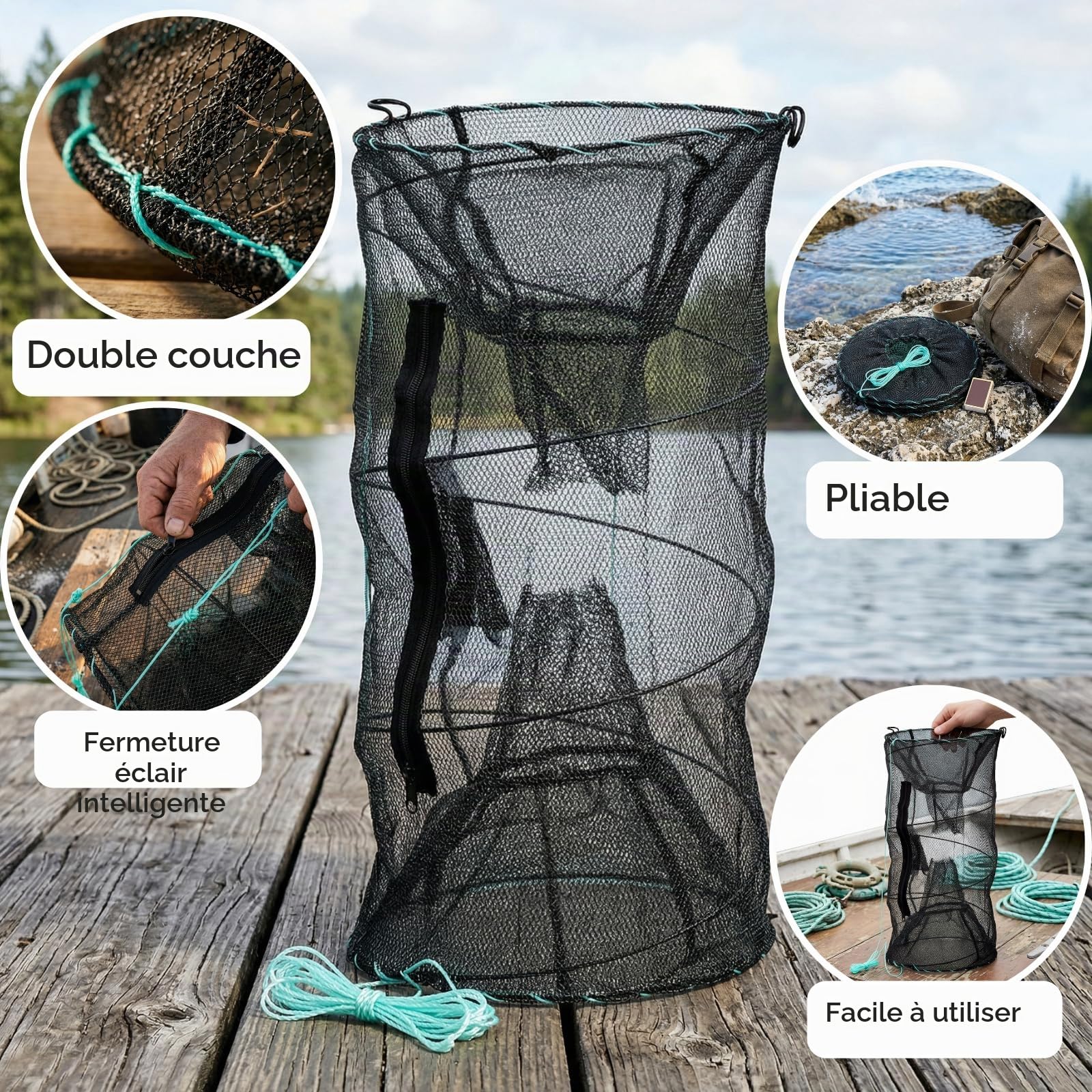 ZENFUN Lot de 2 pièges à appâts de pêche, pièges à crabes, ménés, piège à écrevisses, filet de pêche pliable, accessoires de pêche pliables portables