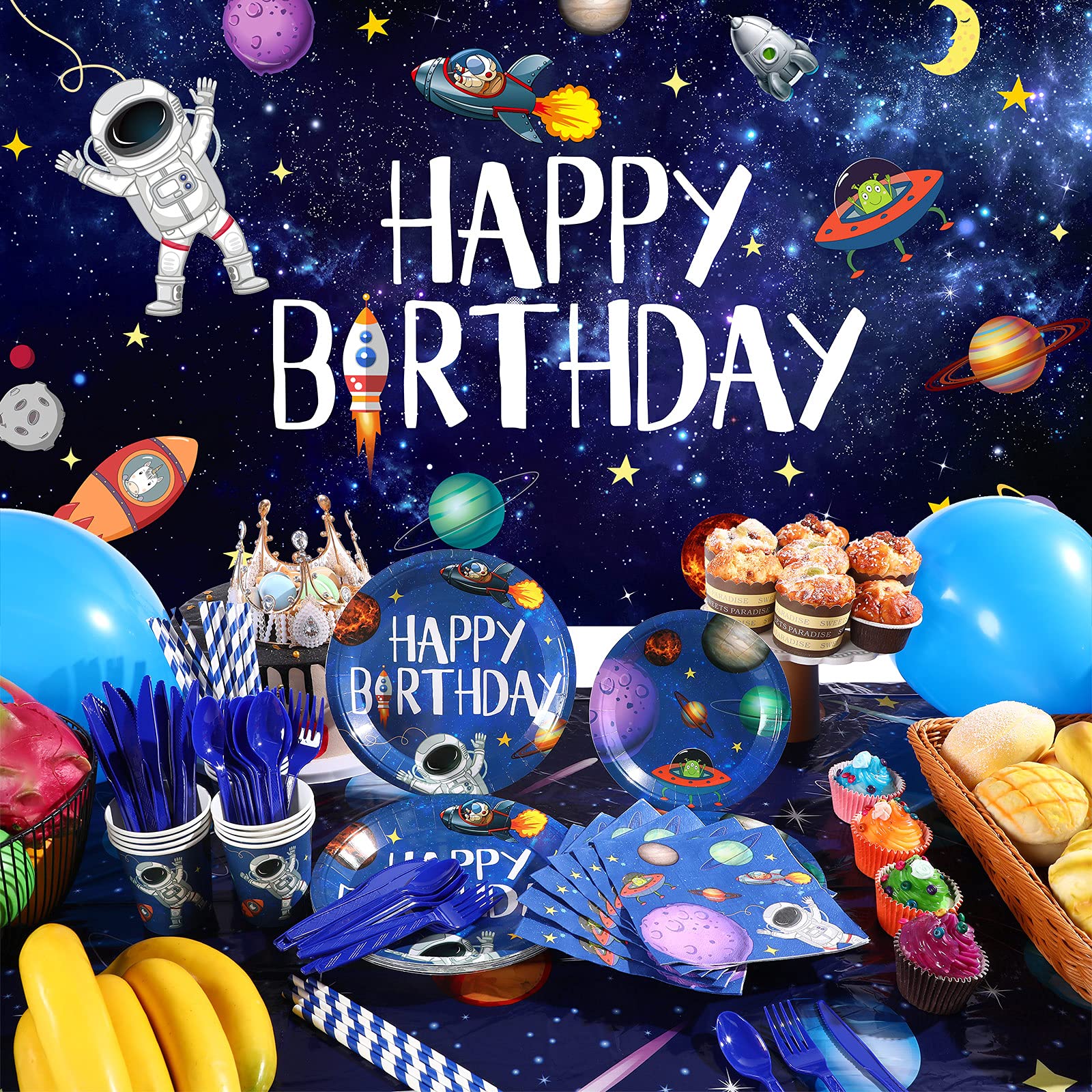 150 Pieces Outer Space Party Supplies Galaxy Birthday Party Decorations ...