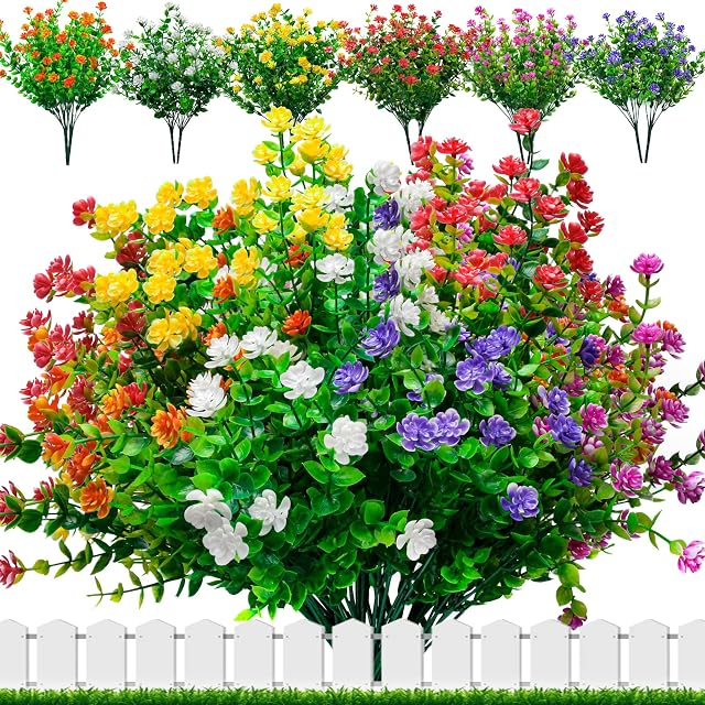Elecoutek 12 Bundles Artificial Flowers Outdoor, 6 Colors Fake Flowers UV Resistant Faux Plastic Greenery Shrubs Plants for Outside Indoors Hanging Basket Garden Window Box Decoration