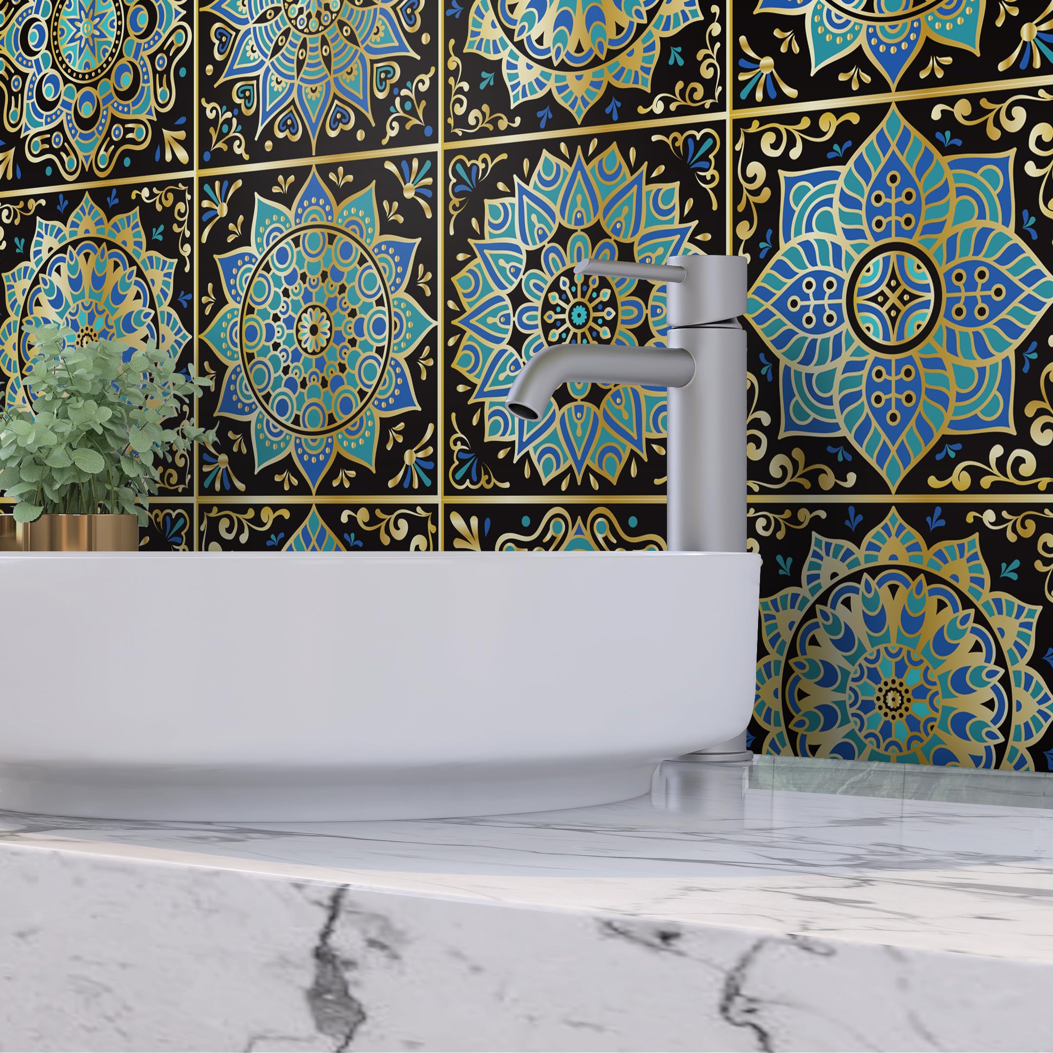 Alwayspon 24PcsX20cm/8inch Mandala Vinyl Wall Tile Sticker Transfer, Waterproof Sticky Back Tile Sticker for Kitchen Bathroom Self-adhesive Peel and Stick PVC Stick on Tile, Dark Blue T54