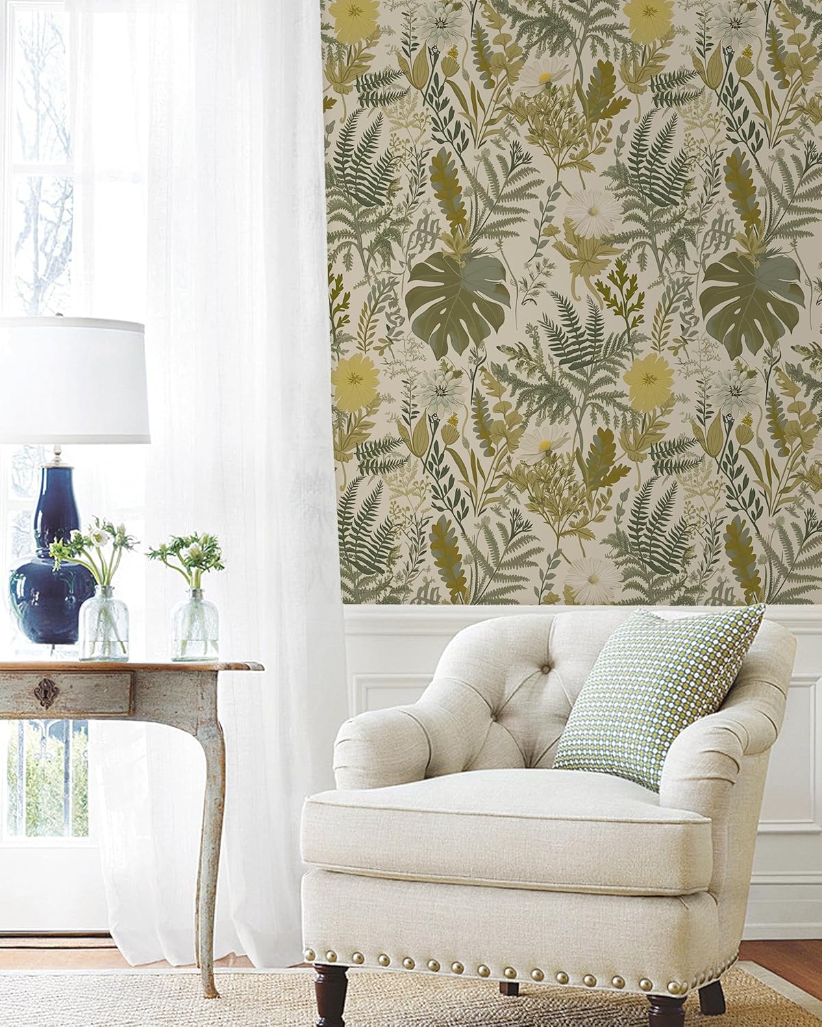 Peel and Stick Wallpaper Boho Bathroom Wallpaper Green/Yellow/Beige Wall Paper 17.7"x394" Removable Self Adhesive Contact Paper Tropical Botanical Floral Fern Leaves Wall Mural