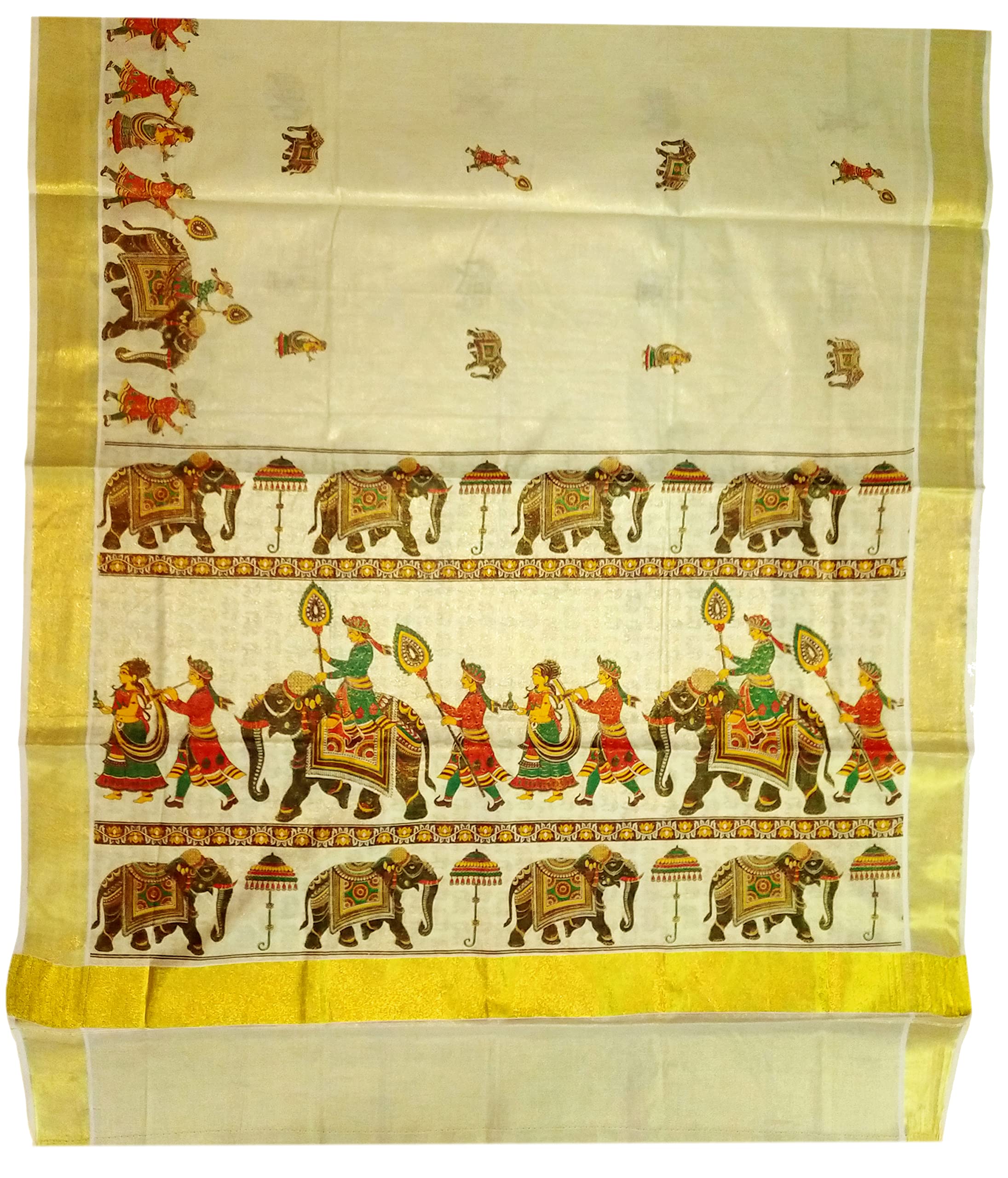 YETTALANWomen's Mural Printed Kerala Gold Tissue Saree with Running Blouse