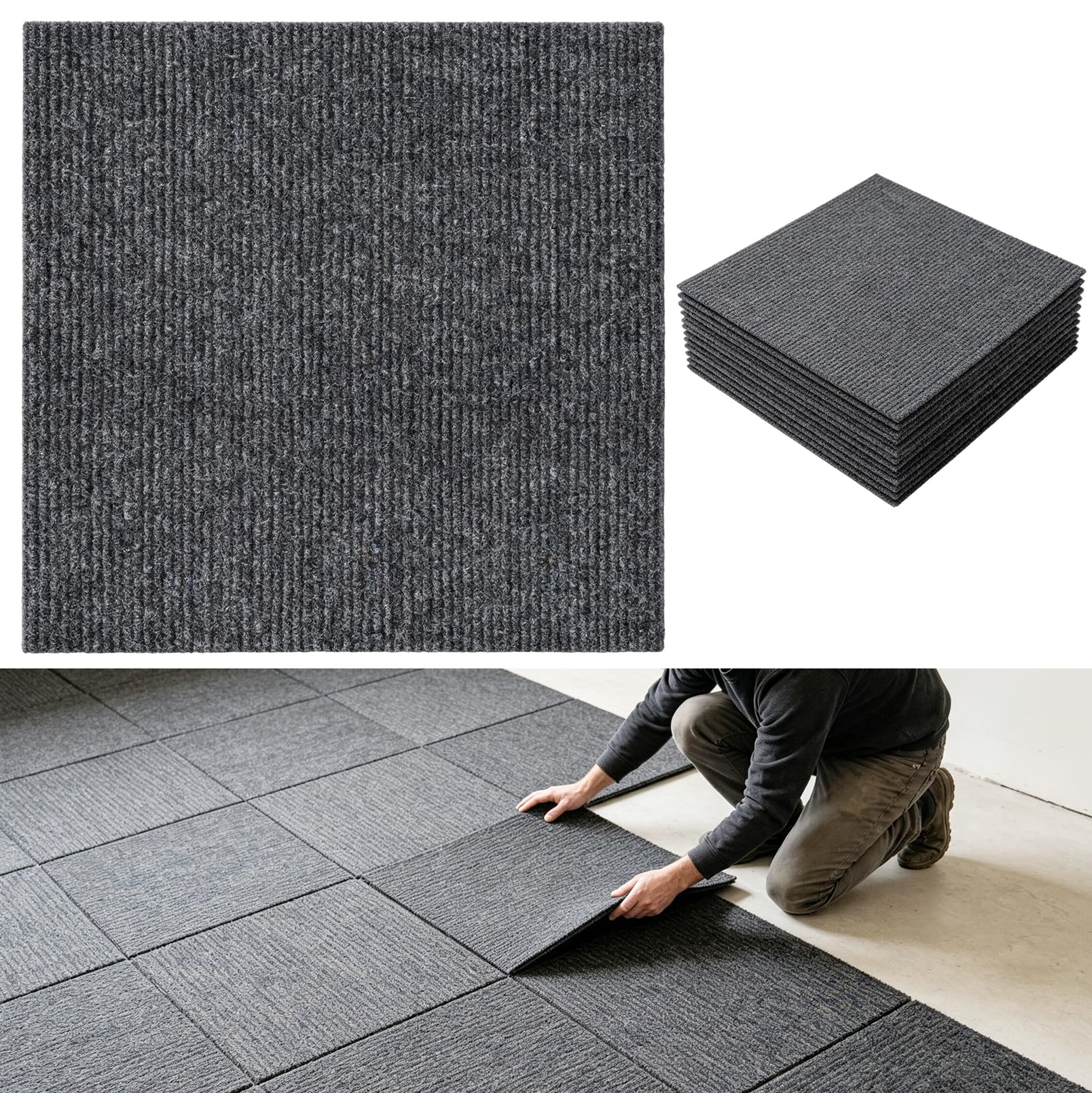 Lot de 20 dalles autocollantes pour moquette | 60 x 60 cm - Antidérapant - À coller - Pour salon, chambre à coucher, bureau, commerce - Gris foncé