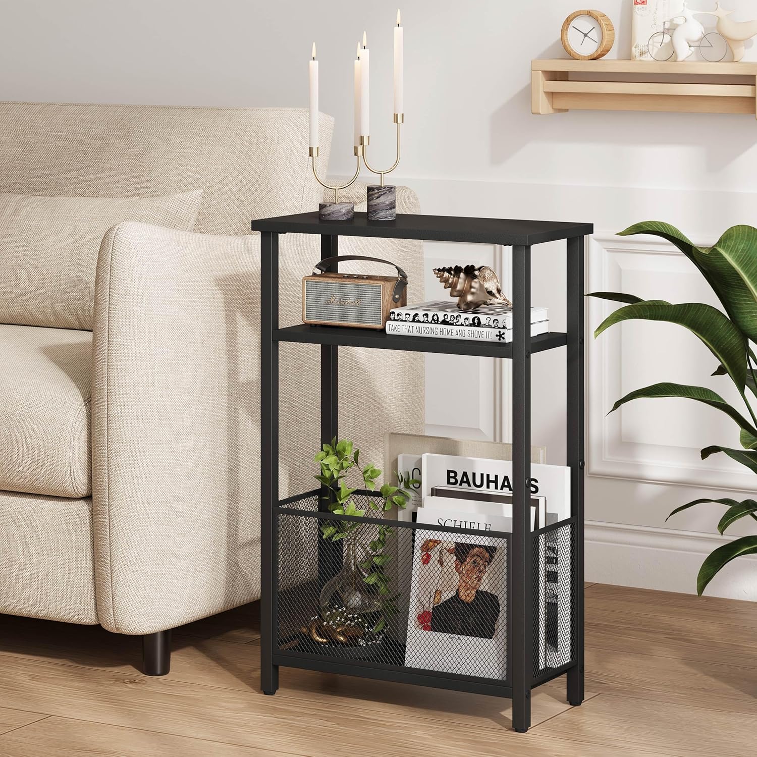 MMEOLUOOK Narrow Side Table with Storage Basket Skinny End Tables for Smalls Spaces 3 Tier Sofa Table Small Nightstand Slim Bedside Table for Living Room Bedroom Black MLBZ22B