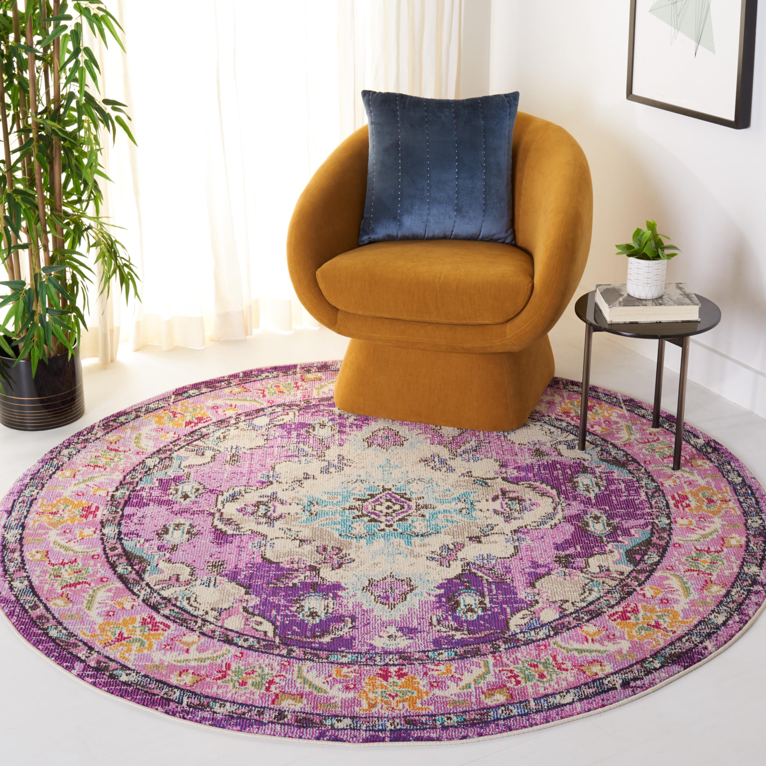 SAFAVIEH Monaco Collection Area Rug - 6'7" Round, Violet & Light Blue, Non-Shedding & Easy to Clean, Distressed Medallion Design, Ideal for Living