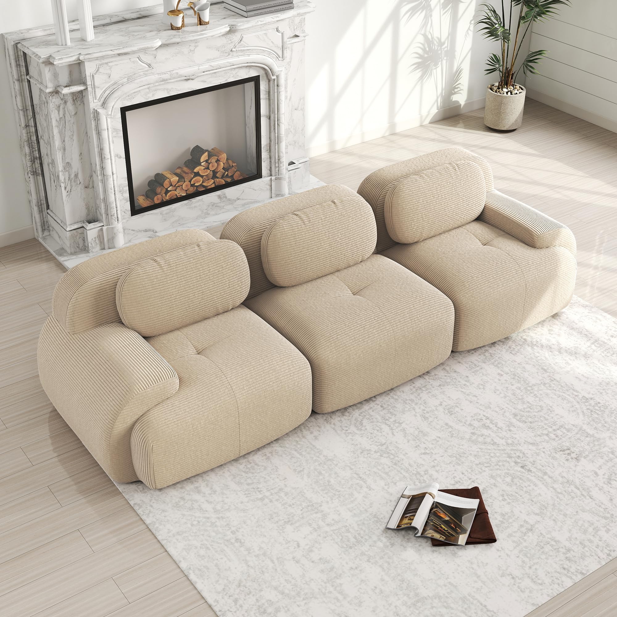 Divano a 3 posti in velluto a coste beige 298x103x70 cm, senza