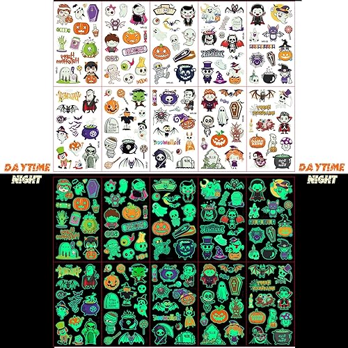 Miniatura 2 de Tatuajes temporales luminosos de Halloween para niños, 10 hojas de calcomanías de tatuaje que brillan en la oscuridad, recuerdos de fiesta de
