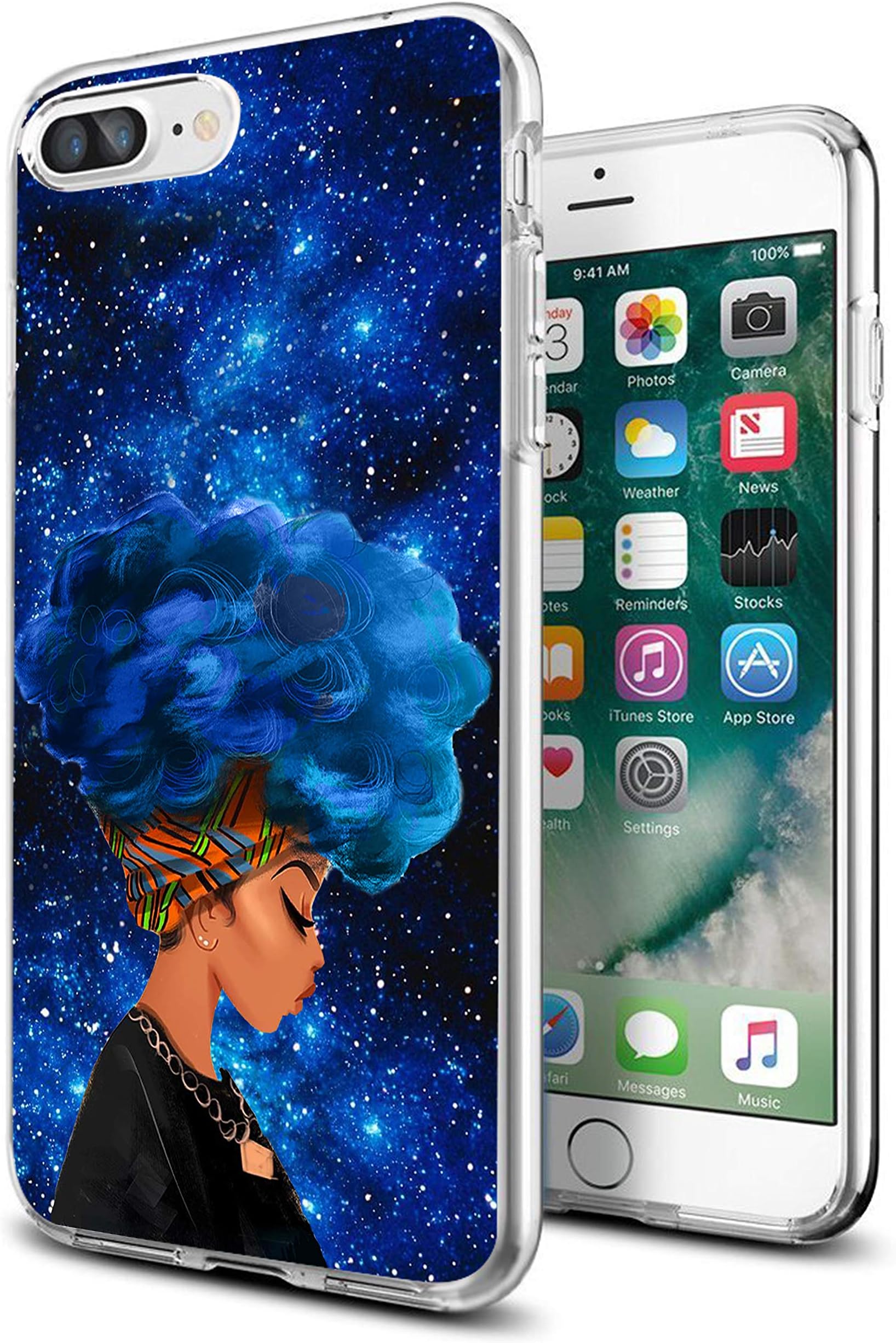 Cocomong Case for iPhone 7 Plus iPhone 8 Plus 5.5" Afro Girls Black African American Design Flexible TPU Protective Phone Cover for iPhone Anti-Scratch-Drop Shockproof Bumper Gift for Women Girls