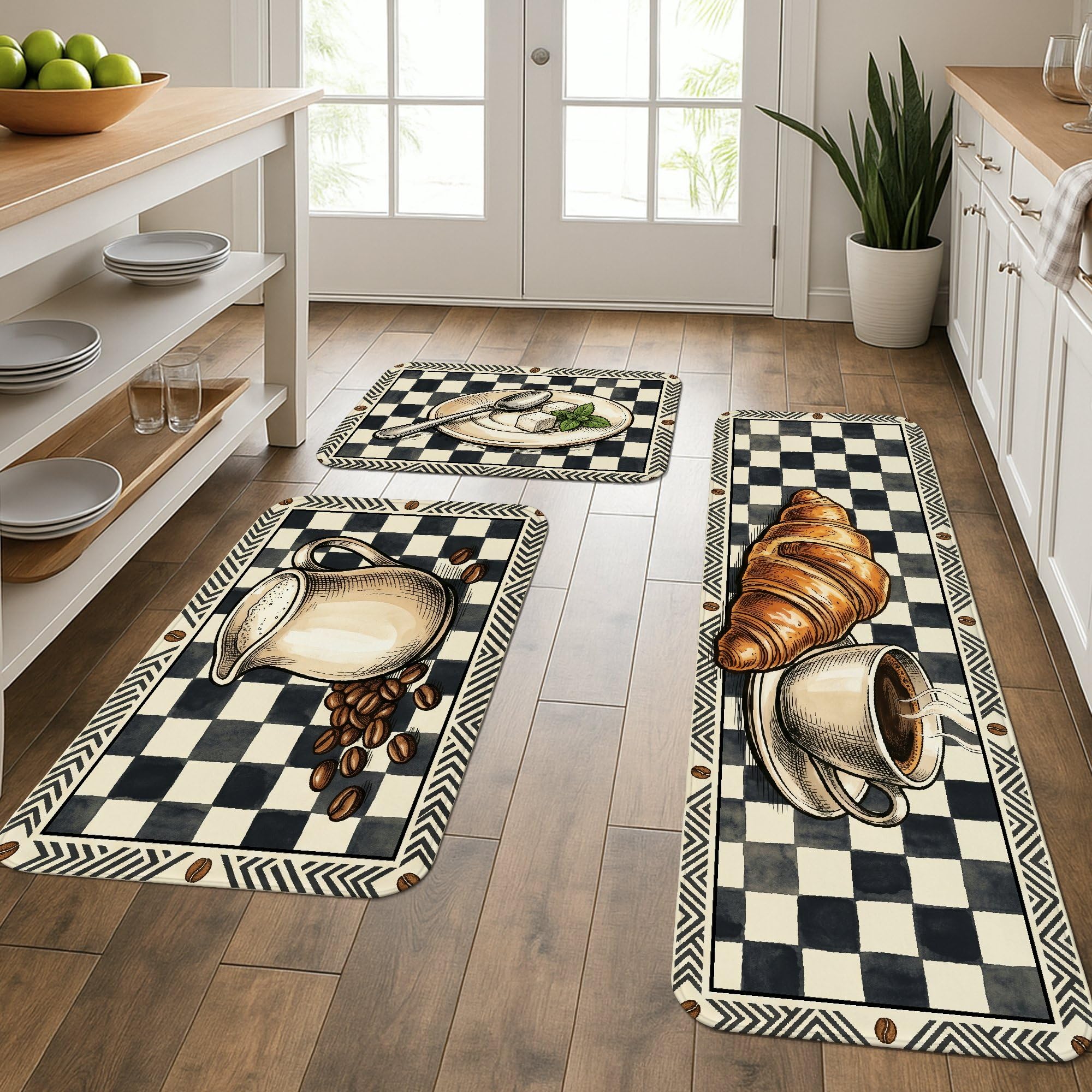 Tapis de cuisine lavable confort damier noir et blanc - Lot de 3 tapis vintage anti-fatigue