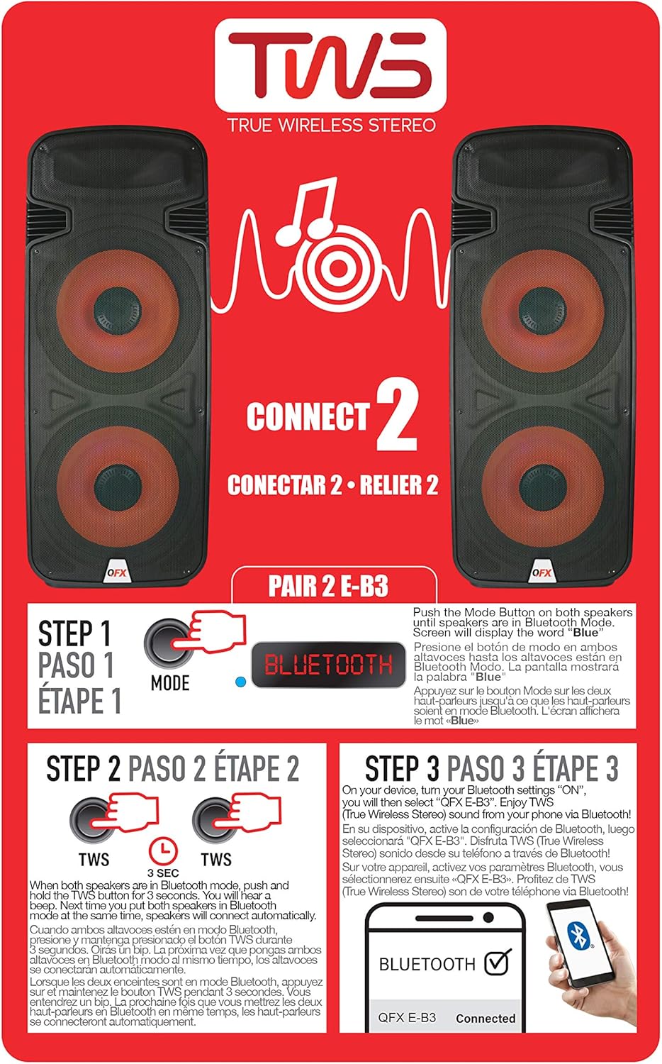 Diagram illustrating the steps for True Wireless System (TWS) pairing between two QFX E-B3 speakers.