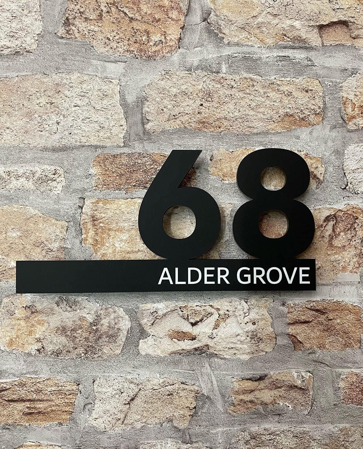 One of a Kind Design UK Personalised Modern Floating Acrylic House Number, Personalised Number Plate, Matt Grey or Matt Black, 24x12cm, Nine Coloured Backing Available - Black