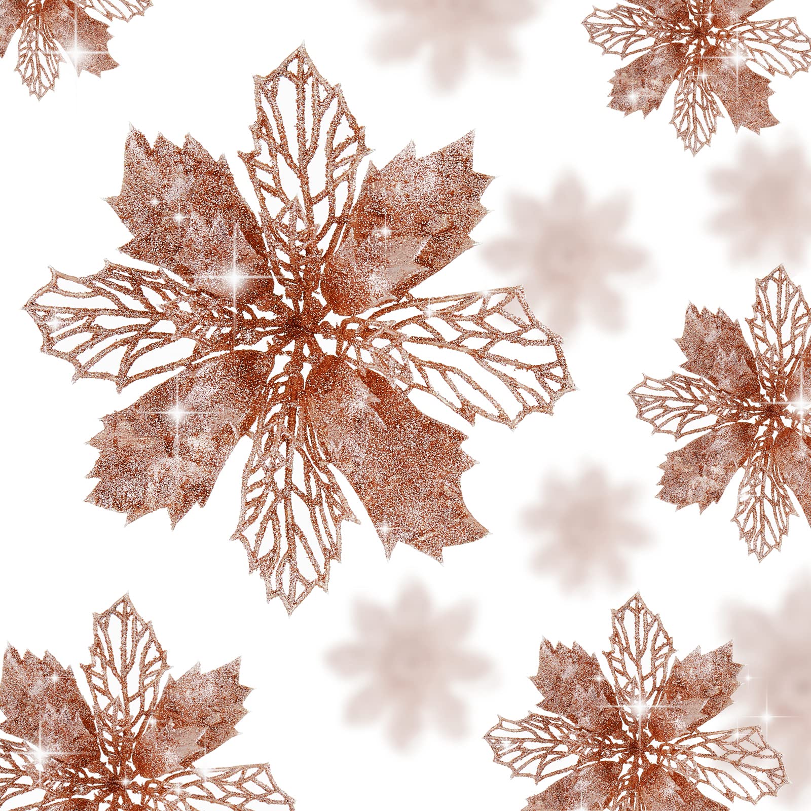 Wironlst 16 Pcs Glitter Poinsettia Flowers Artificial - Christmas Rose Gold Poinsettia Decorations Tree Flowers Ornaments for Xmas/Holiday/Seasonal/Wedding Decor