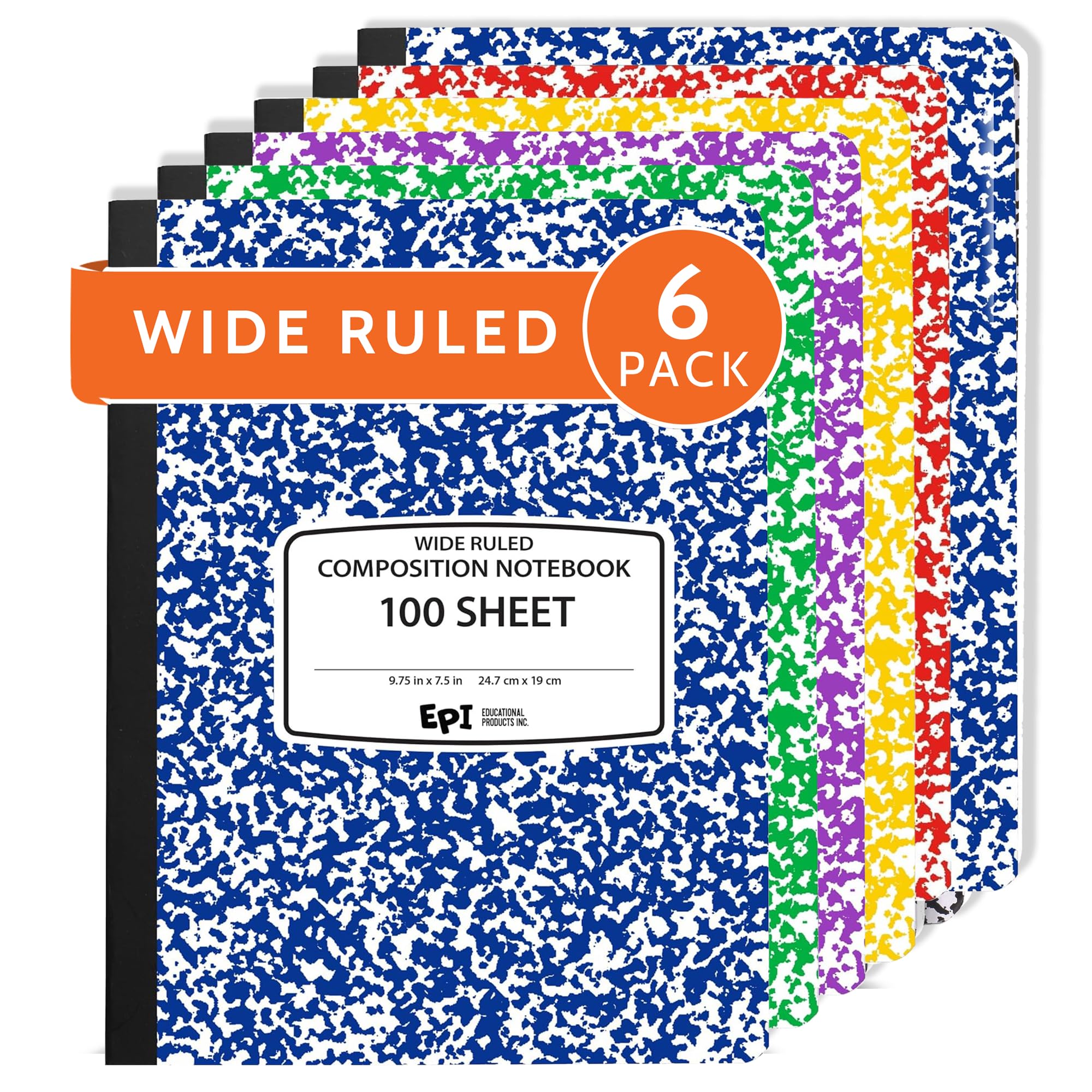 EPI 6 Pack - Assorted Colors Marble Composition Notebook - Wide Ruled 200 Page Note Book - 9.75 x 7.5 Inch Hardcover Journal with Sewn Binding for