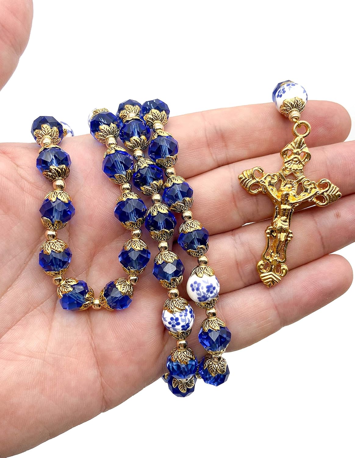 Nazareth Store Catholic Blue Crystal Beads Gold Rosary Flowers Beaded Necklace Miraculous Heart Locket Medal & Cross Religious Women Men Amulet - Image 2