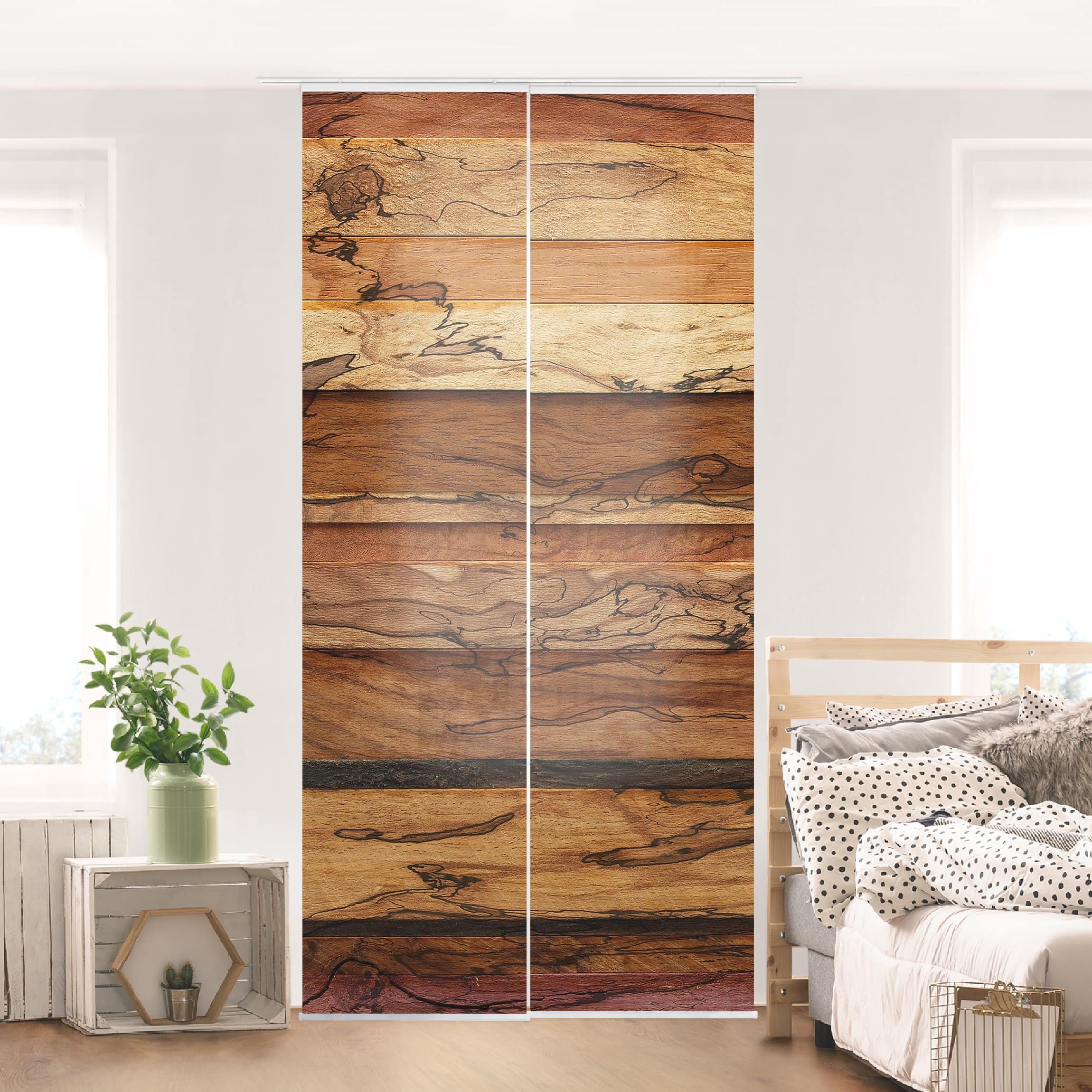 Schiebegardine halbtransparent 60er Paneel Klett Holzoptik Textil lichtdurchlässig - Motiv Modern Flächenvorhang Wohnzimmer Schlafzimmer 1787 (120x250 cm - 2er Set)