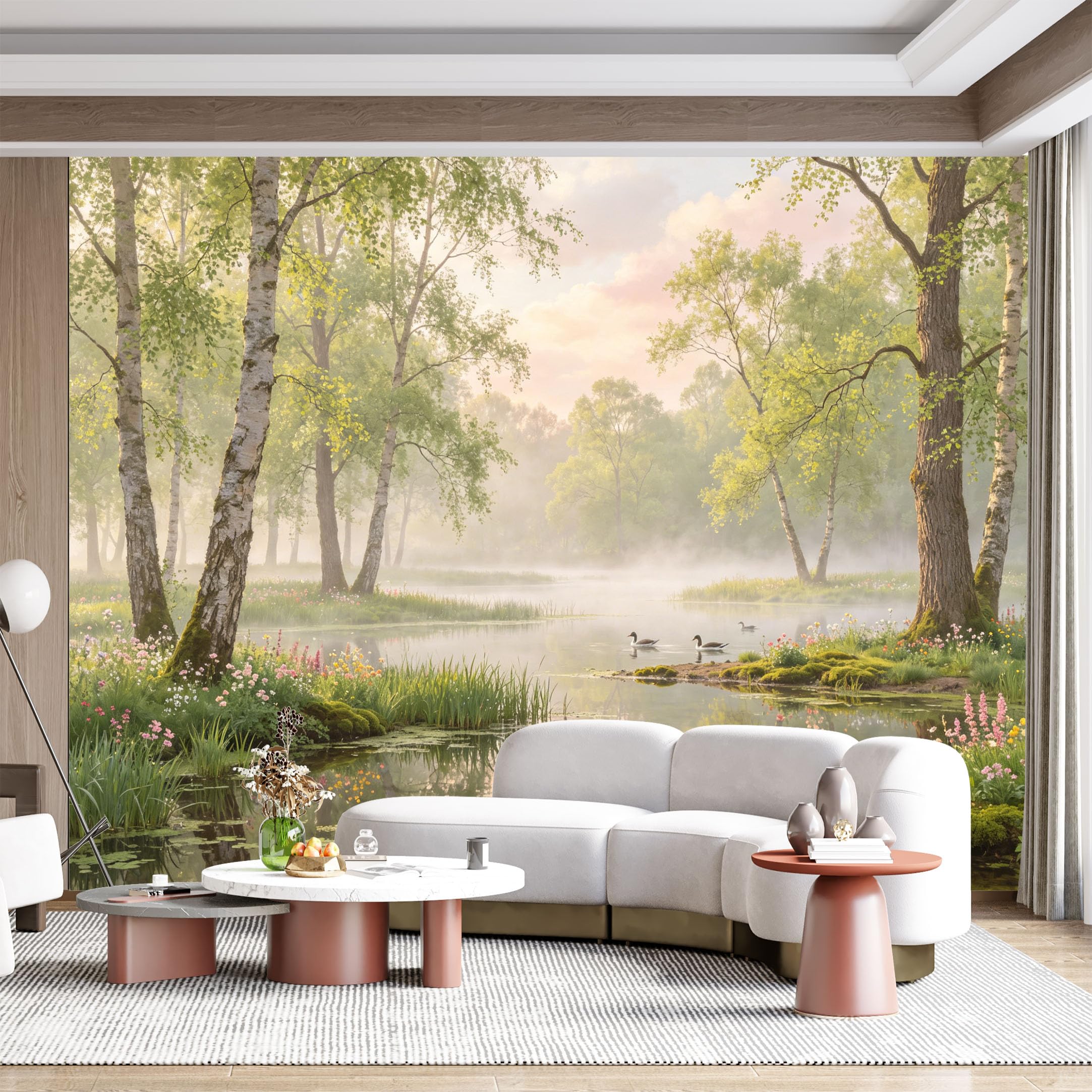 Custom Size Wall Mural Misty Forest Lake Ducks Wildflowers Landscape Watercolor SelfAdhesive Wall Fabric Removable for Home Office Decor