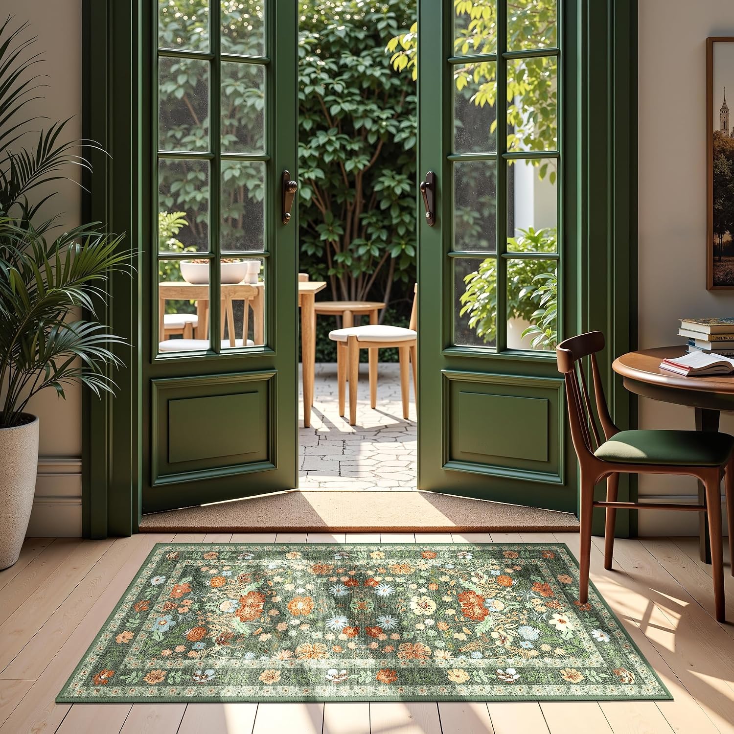 2x4 Vintage Floral Entryway Rug - Green Boho Washable Door Mat with Non-Slip Backing, Thin Low Pile Indoor Carpet for Bathroom, Kitchen, Soft Farmhouse Throw Rug, Green/Multi