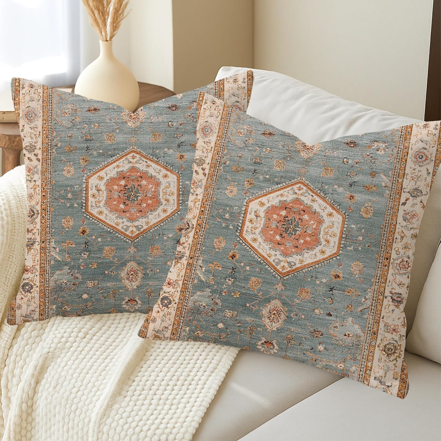 Vintage Floral Throw Pillow Covers Set of 2, Teal Blue Patterned Cushion Cases, Cozy Decorative Square Farmhouse Decor for Living Room Sofa Bed Couch 24x24 Inch