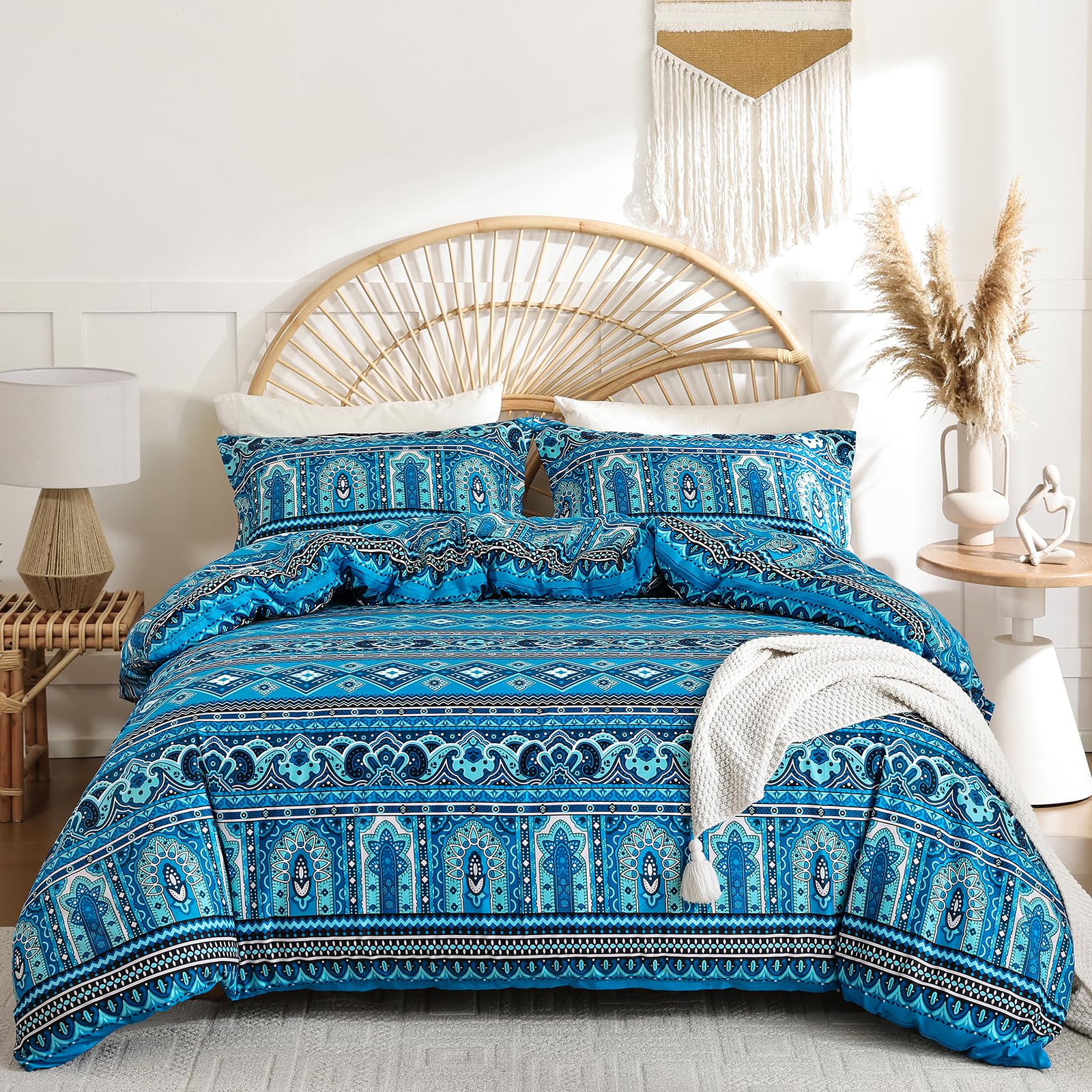 WONGS BEDDING Teal Blue Bohemian King Size Duvet Cover Sets Colorful Boho Striped Bedding Set including 2 Pillowcases Soft Microfiber Moroccan Quilt Cover with Zipper Closure 220x230cm - Image 2
