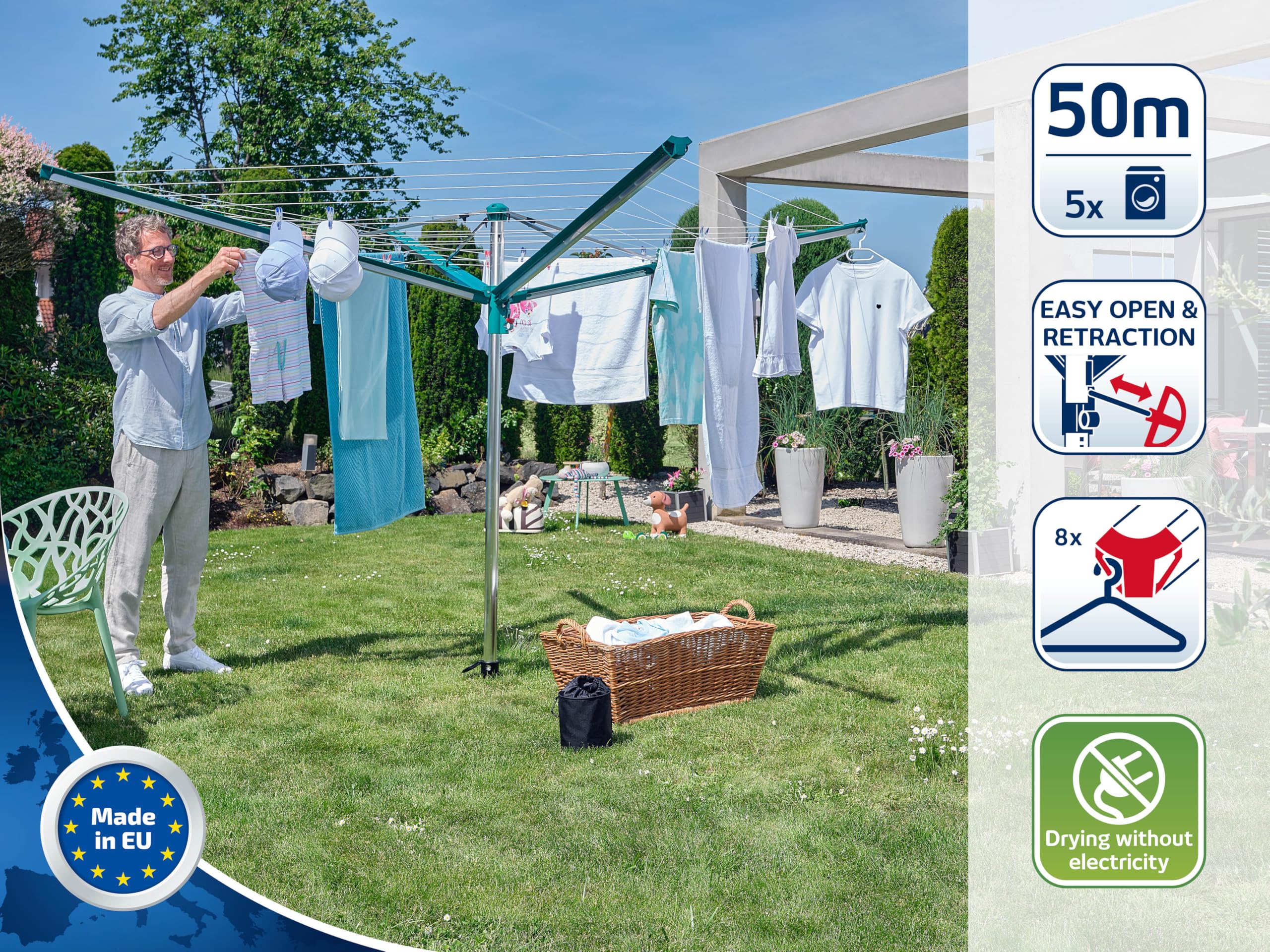 Leifheit Linomatic 500 Deluxe Wäschespinne 50m Leine Wäscheständer mit Bodenhülse und Schutzhülle