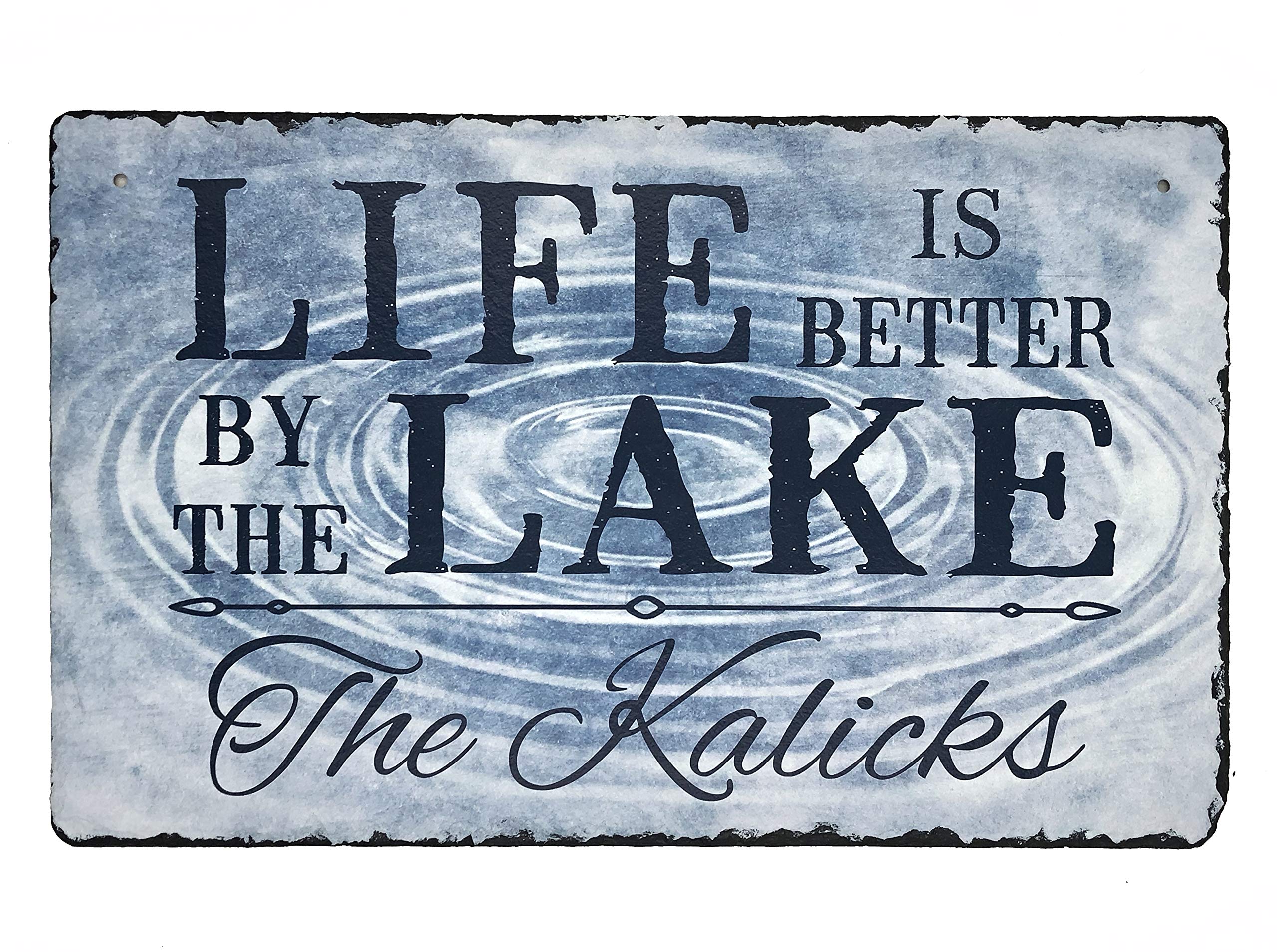 Sassy Squirrel Beautifully Handcrafted and Customizable Slate Home Address Plaque Sign Life is Better by The Lake (12"x8" or 16"x10") Improve The Curb Appeal of Your Lake House!
