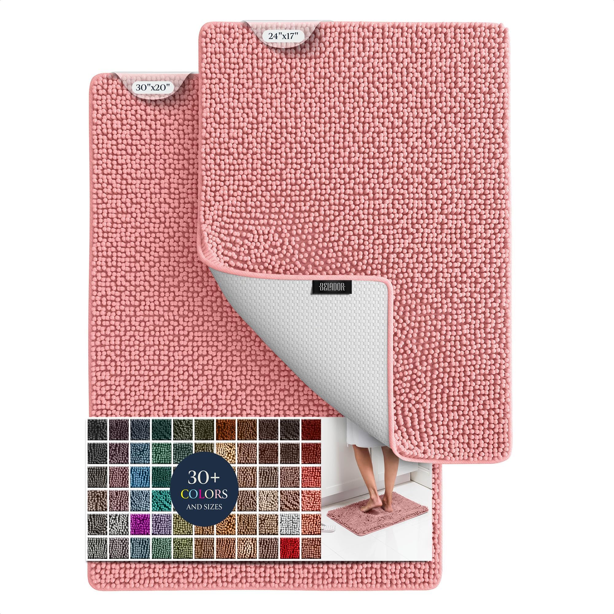 BELADOR Bathroom Rugs Sets 2 Piece- Plush Bath Mat Set Quick-Dry Soft Chenille Bathroom Mat with Rubber Backing, Absorbent Bathroom Rug Set, Washable Bath Rugs for Bathroom- Bath Mats 24x17 + 30x20