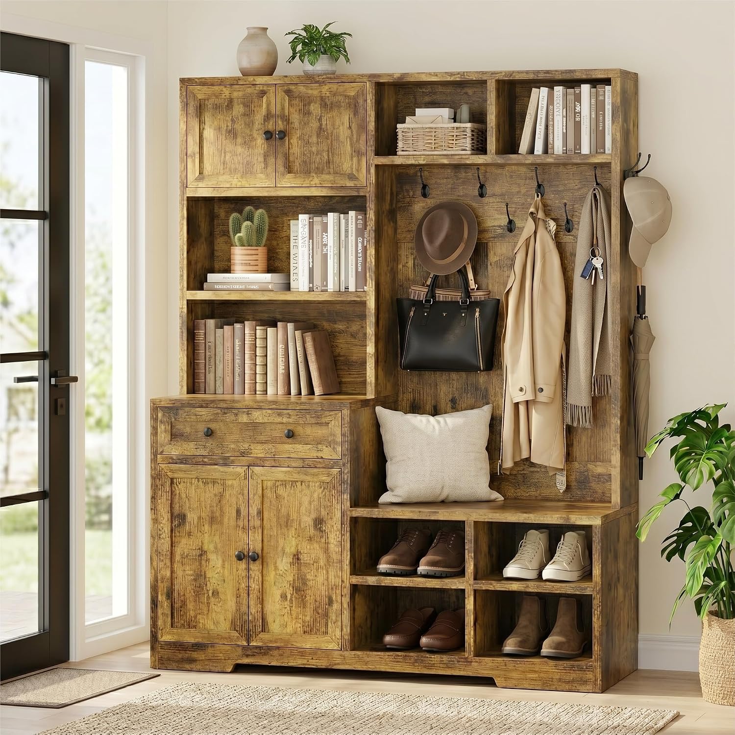 Assembled Einhomn 5-in-1 Hall Tree in rustic brown, showcasing its various storage compartments.