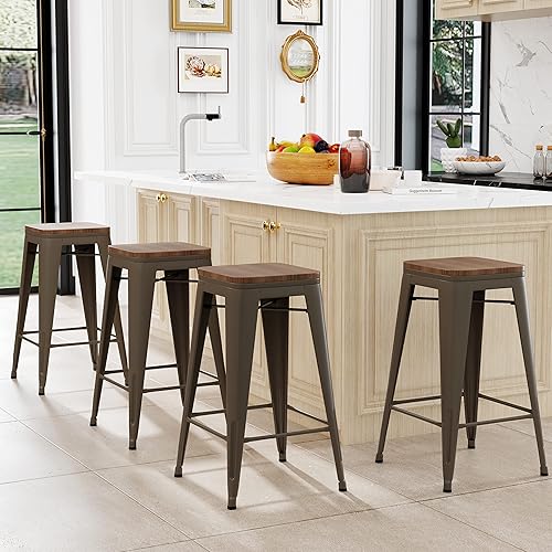 Miniatura 17 de Tongli Juego de 4 taburetes de bar de 24 pulgadas, apilables, de altura de mostrador, taburetes de bar de metal sin espalda, taburetes de mostrador