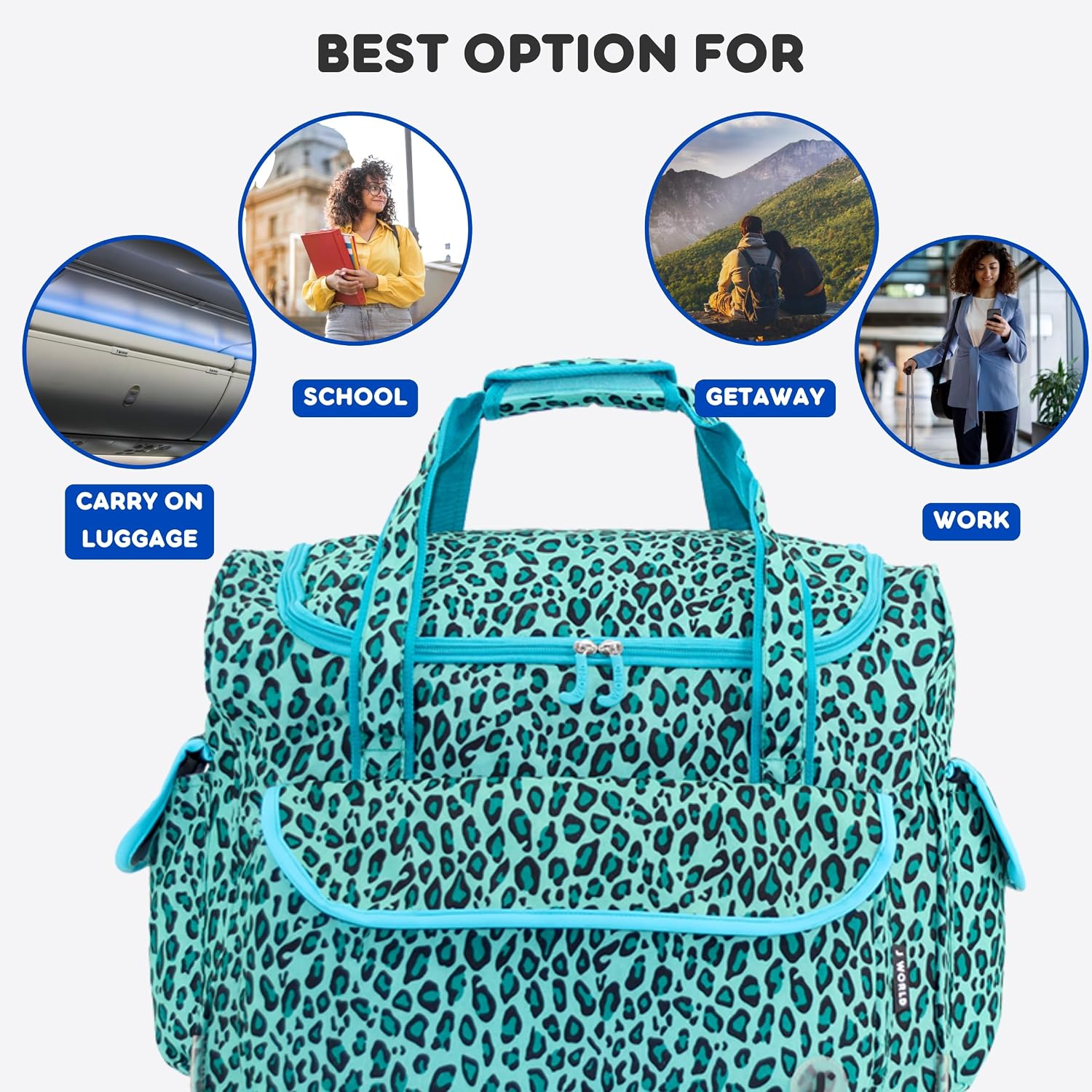 J World Donna Rolling Tote Bag on Wheels for Women. Roller Laptop Briefcase. Overnight Weekender Teachers Work, Mint Leopard