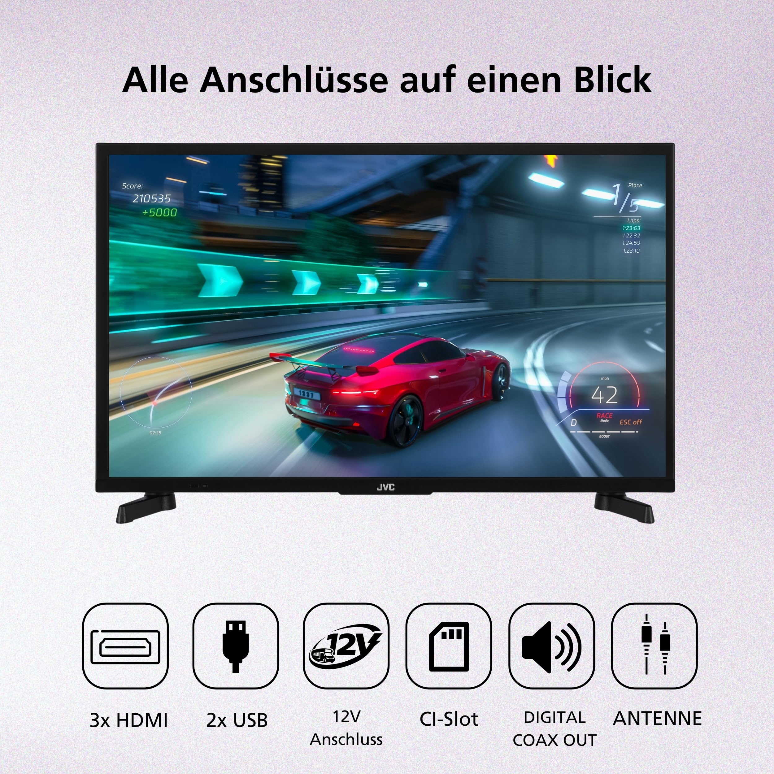 JVC LT-24VAHM355 Fernseher 24 Zoll Android TV HD-Ready Camping Smart TV | HDR | 12 Volt Anschluss | 3x HDMI | 2x USB | Bluetooth | Dolby Audio | Triple-Tuner DVB-C/-S2/-T2 | Modelljahr 2026