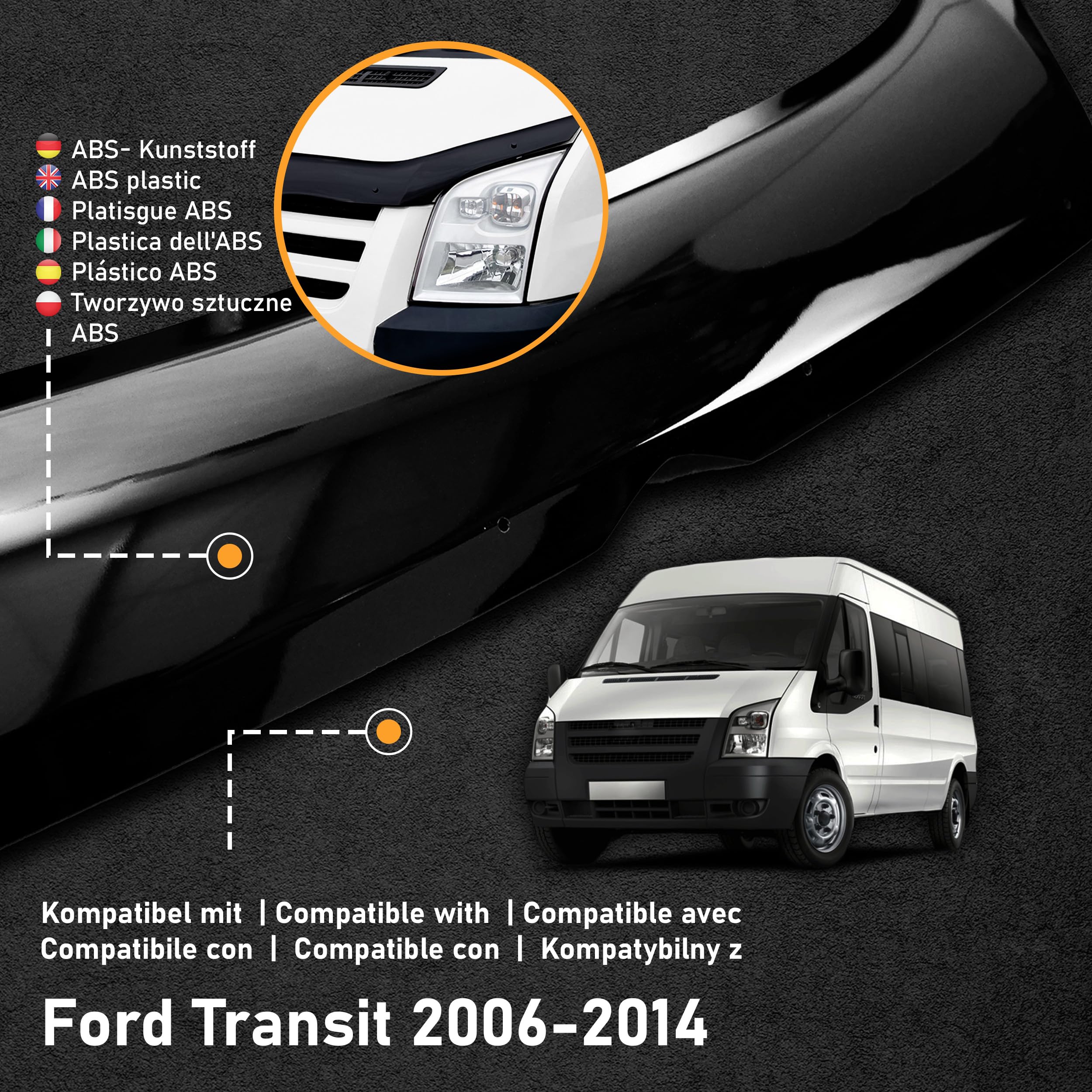CHROMEMASTER | Auto Zubehör; Steinschlagschutz; Motorhaubenabdeckung Kompatibel mit Ford Transit 2006-2014 | Schwarzer ABS-Kunststoff | Motorhaubenschutz Deflektor Schützt die Motorhaube vor Steinen