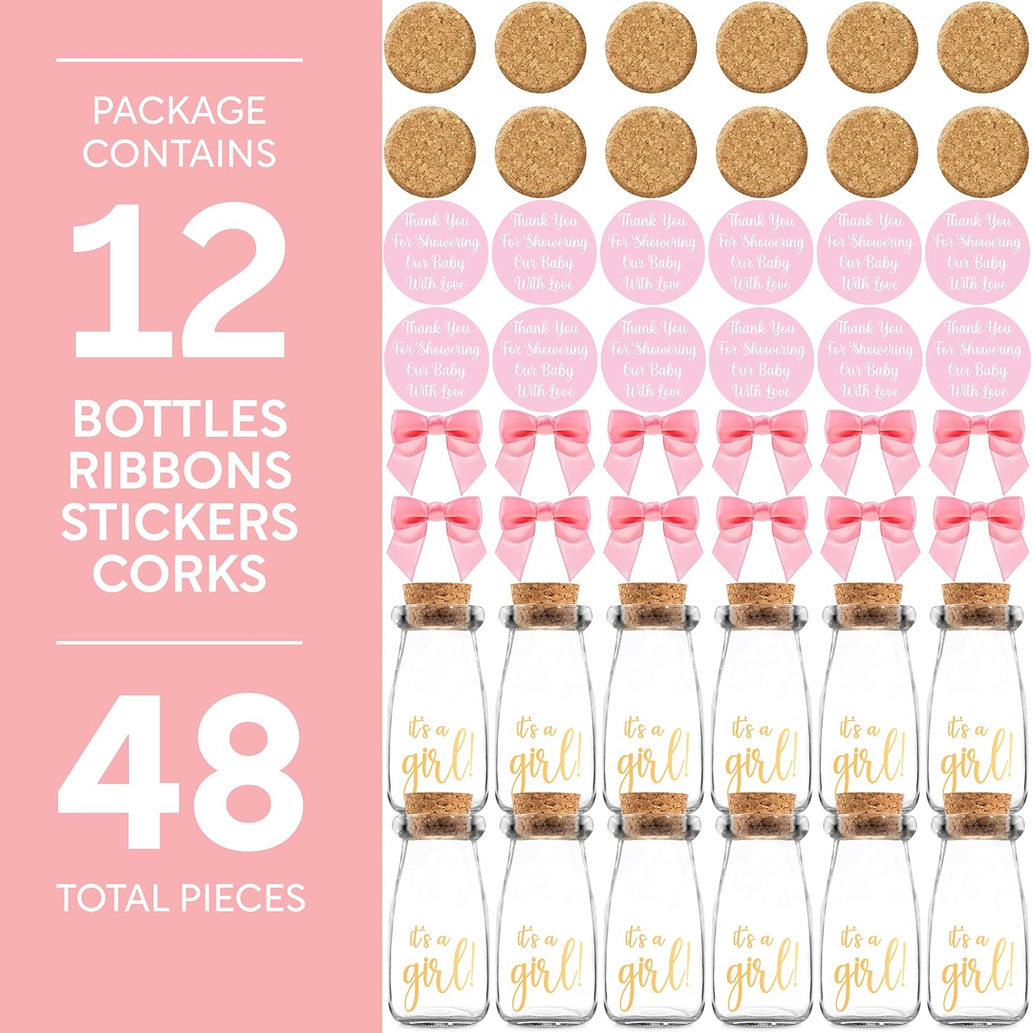 Ethisa Vintage 12 Pack It's a Girl Milk Glass Bottles with Ribbons and Stickers - Classy Baby Shower Favors for Guests and Table Centerpieces - Gender Reveal Girl Decorations - Baby Shower Candy Jar