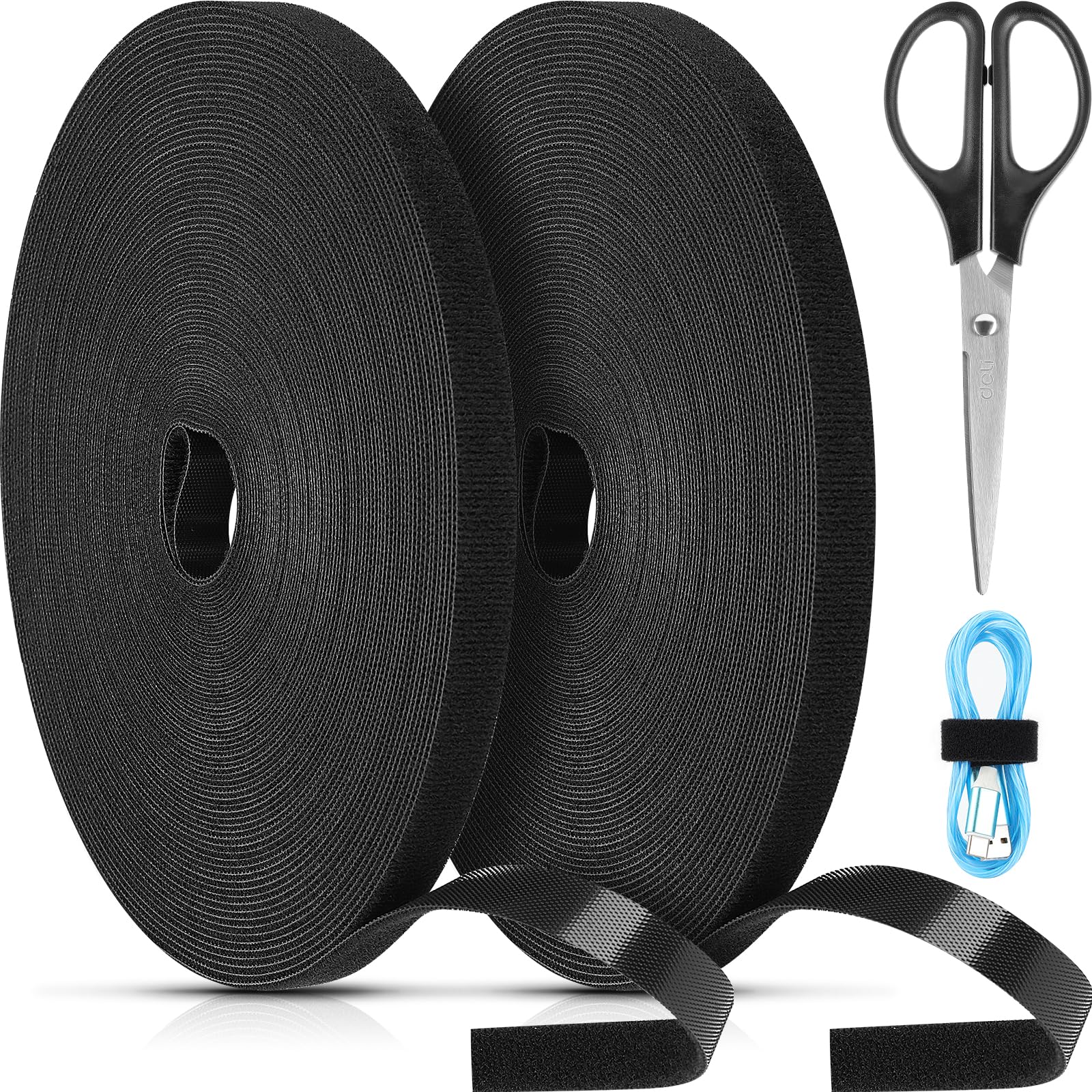 Hook and Loop Cable Ties Reusable, SAISN 82 ft x 2 Rolls Fastener Roll Cable Management Ties Double Sided Self Gripping Cable Straps for Home, Office,