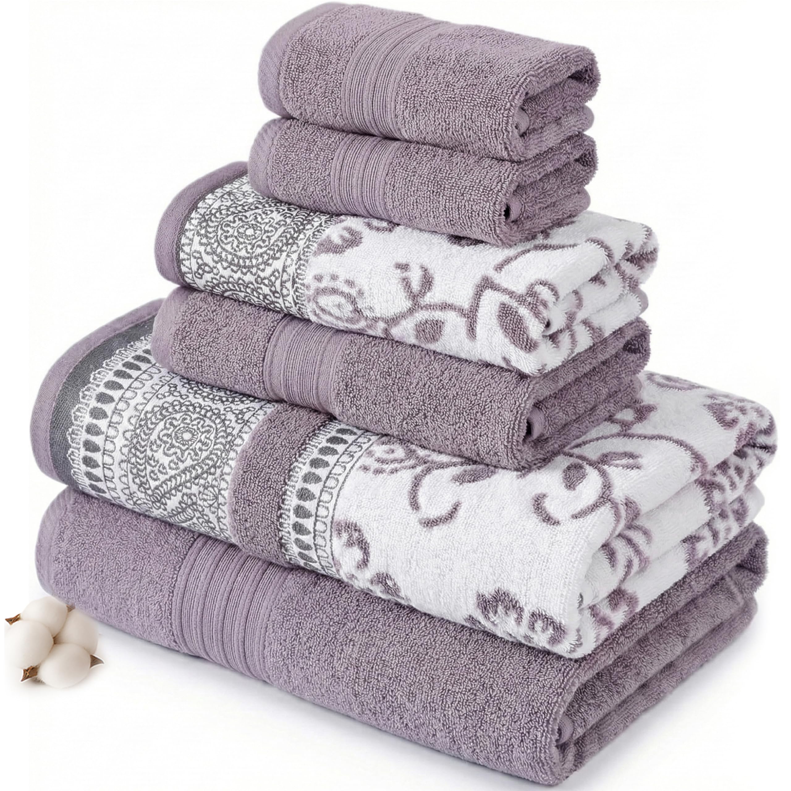 Modern Threads Ophelia 6-Piece 100% Cotton Towel Set – Reversible Yarn Dyed Jacquard & Solid – Includes 2 Bath Towels, 2 Hand Towels, 2 Washcloths – Absorbent, Quick Dry, Soft & Durable– Soft Lavender