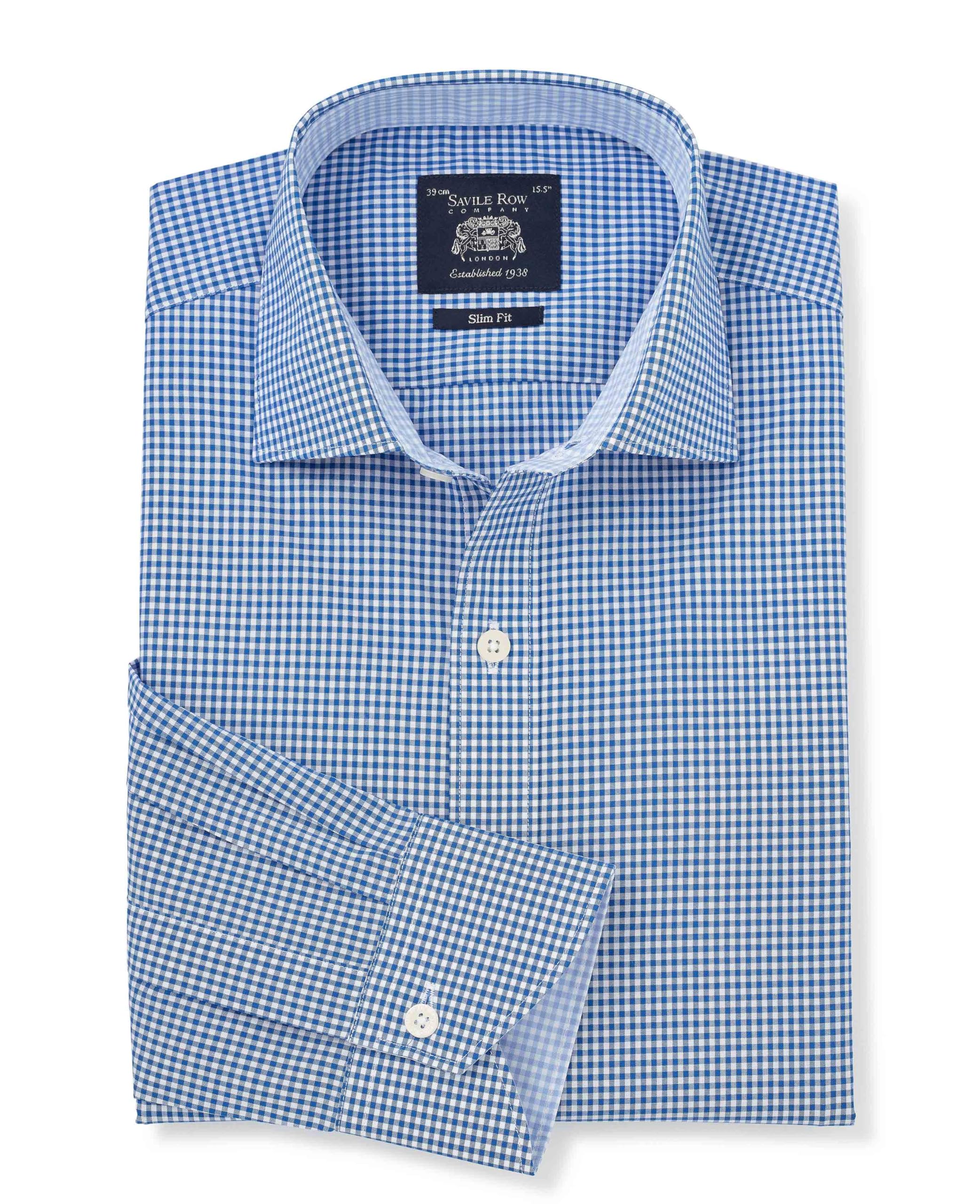The Savile Row Company London Men's Navy/White Gingham Check Slim Fit Cotton Poplin Single Cuff Formal Shirt - Gingham Check - 15.5" Collar - Standard