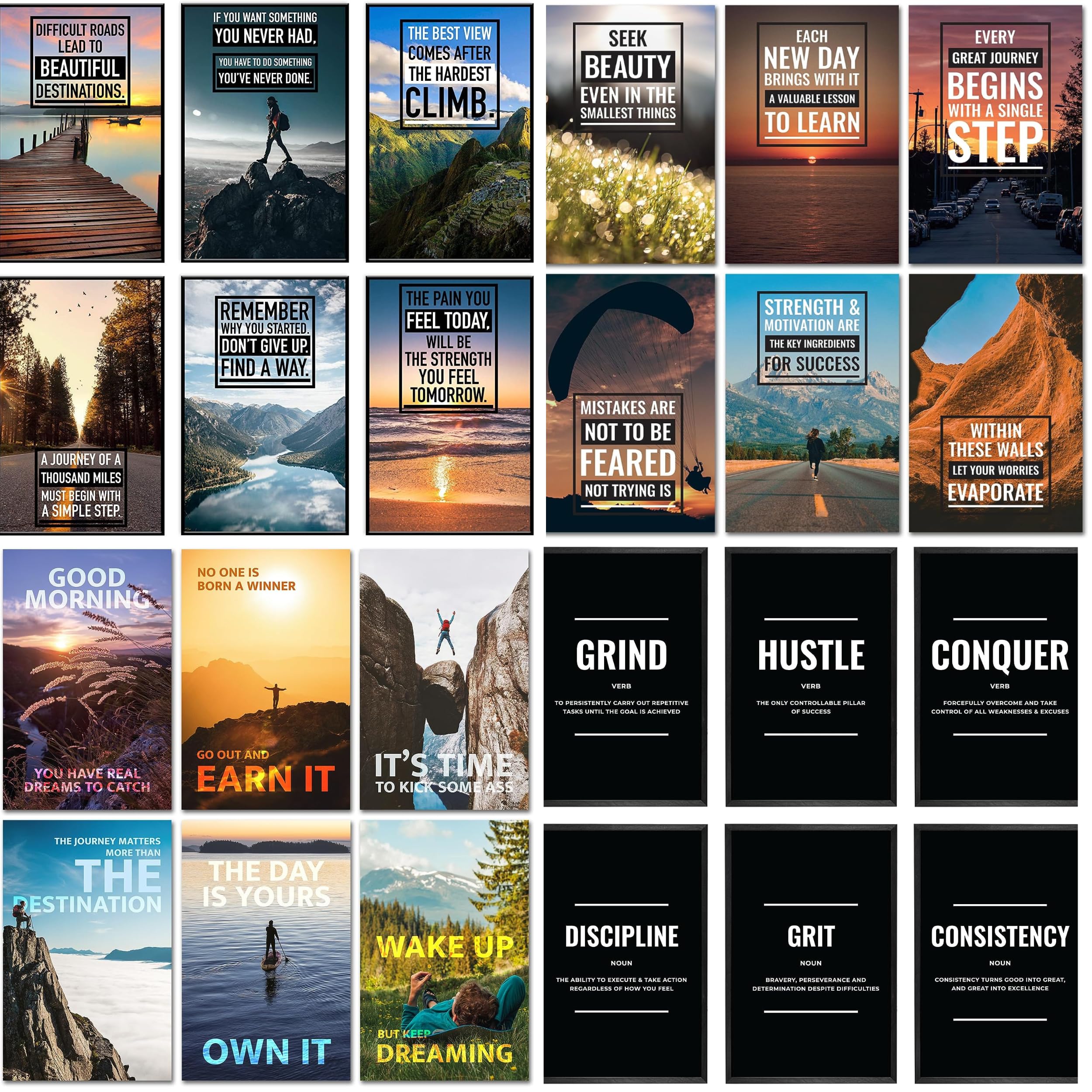 Throwback Traits Motivational Wall Art For Office - 24 Posters With Inspirational Quotes For Motivation - Mindset Is Everything Quotes With Landscape Backrounds - Size 11x17 inches