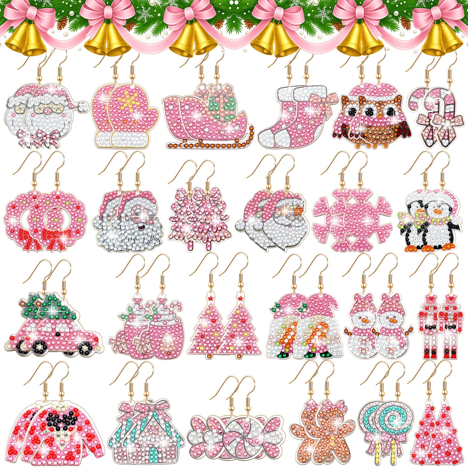 24 Pair Christmas Diamond Painting Earrings Kit Christmas Diamond Art, Pink