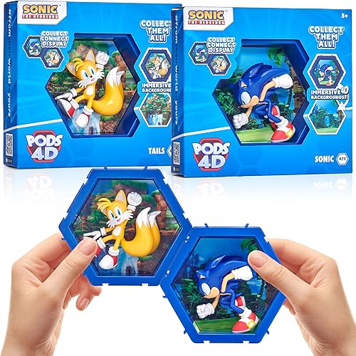 WOW! PODS 4D Sonic - Sonic & Tails (paquete de 2) - Figura de acción única conectable y coleccionable - Exhibición de paredestante - Figura de