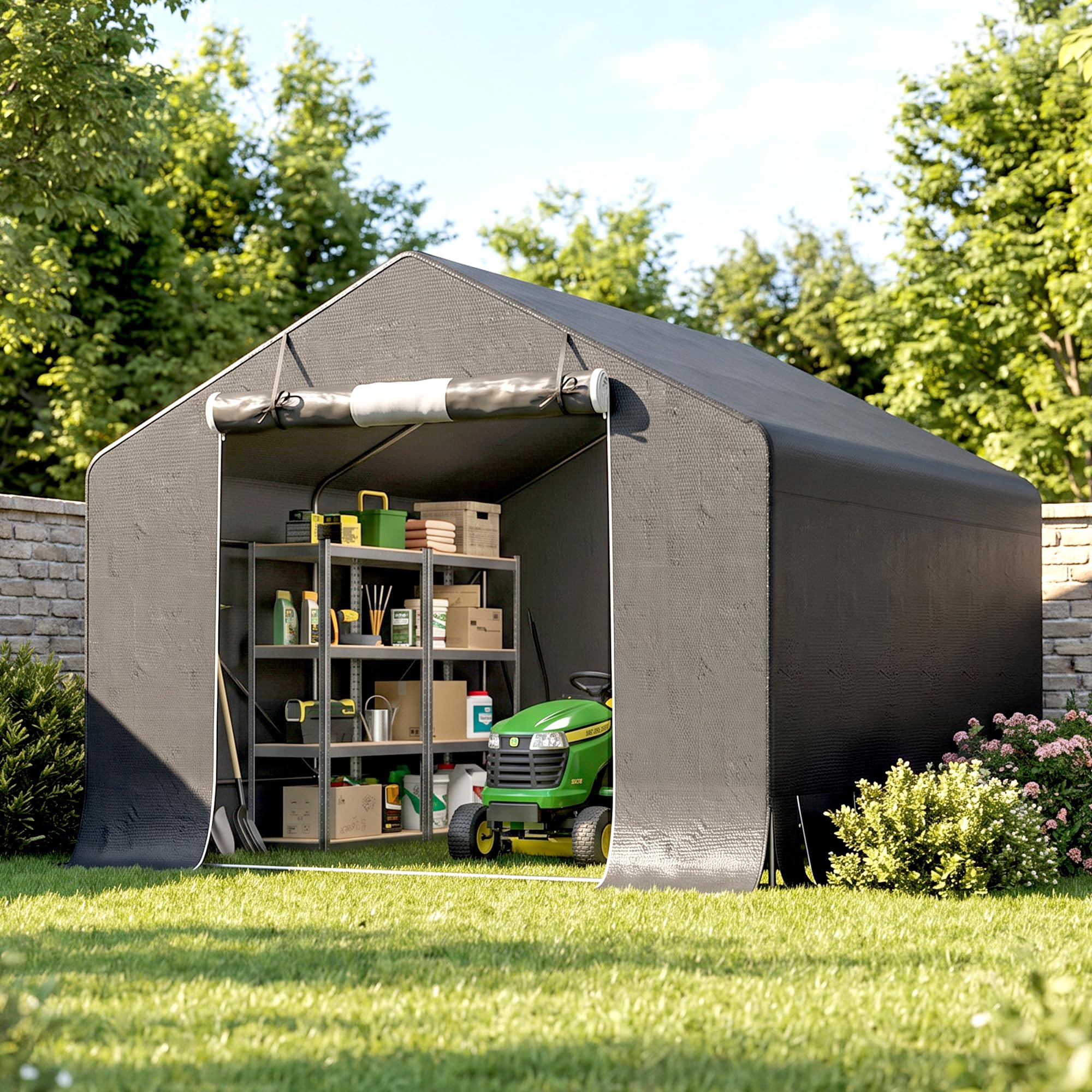 Outsunny Garage Moto per Esterno 3x3m Tenda Garage Impermeabile GrigioScuro | Porta Avvolgibile, Prese d'Aria, per Biciclette e Attrezzi, Metallo e Tessuto PE Anti UV