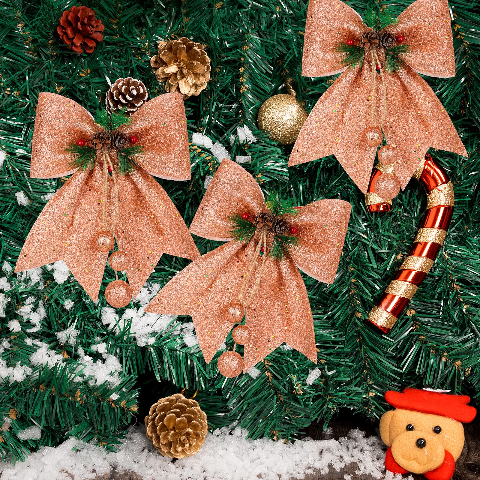 6 Fiocchi Di Natale Glitterati Oro Per Albero - 30x20 Cm - Nastro In Poliestere Per Ghirlande E Decorazioni Natalizie