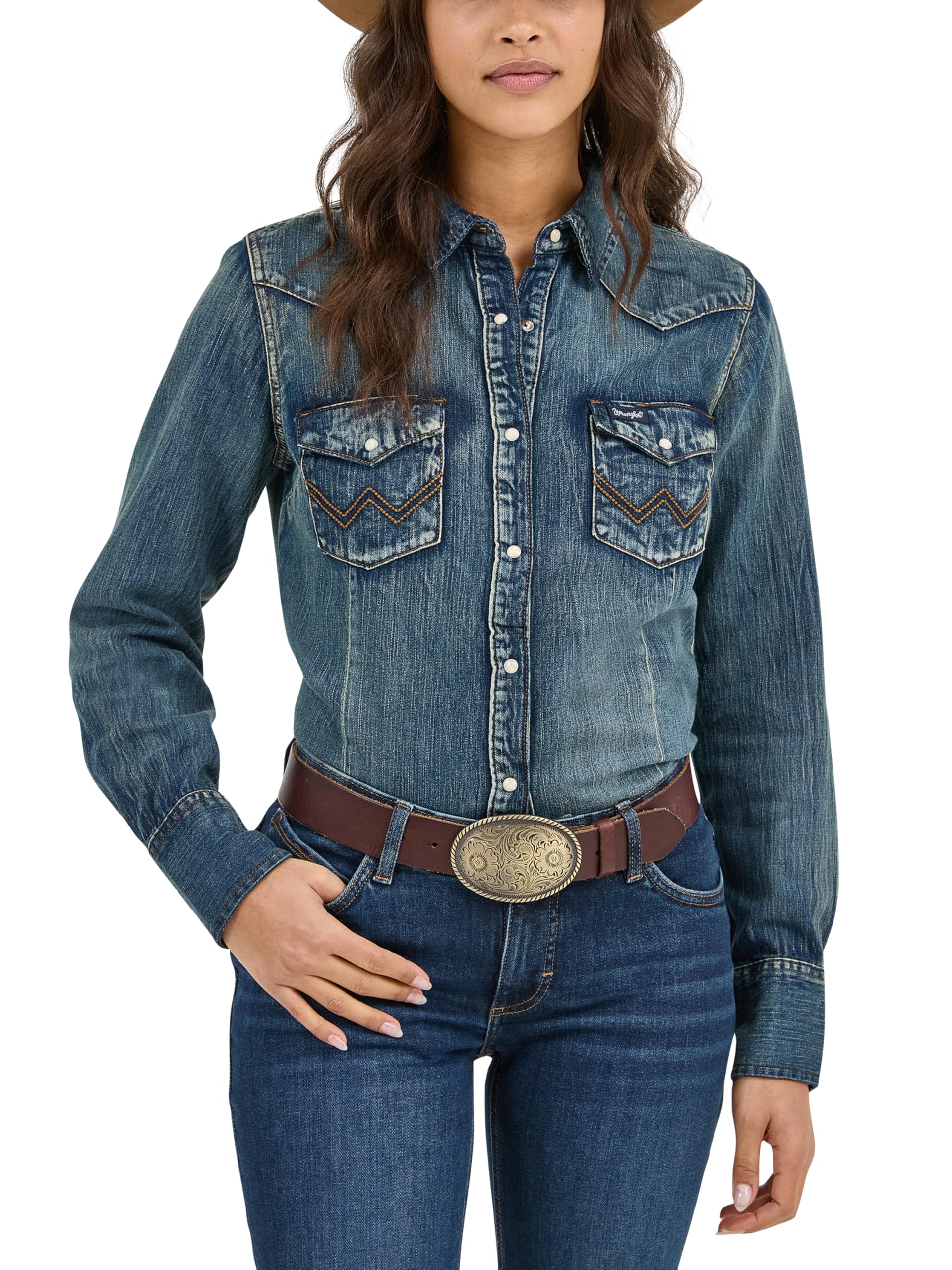 Wrangler Women's Long Sleeve Snap Front Denim Western Shirt Blouse, Denim, L UK