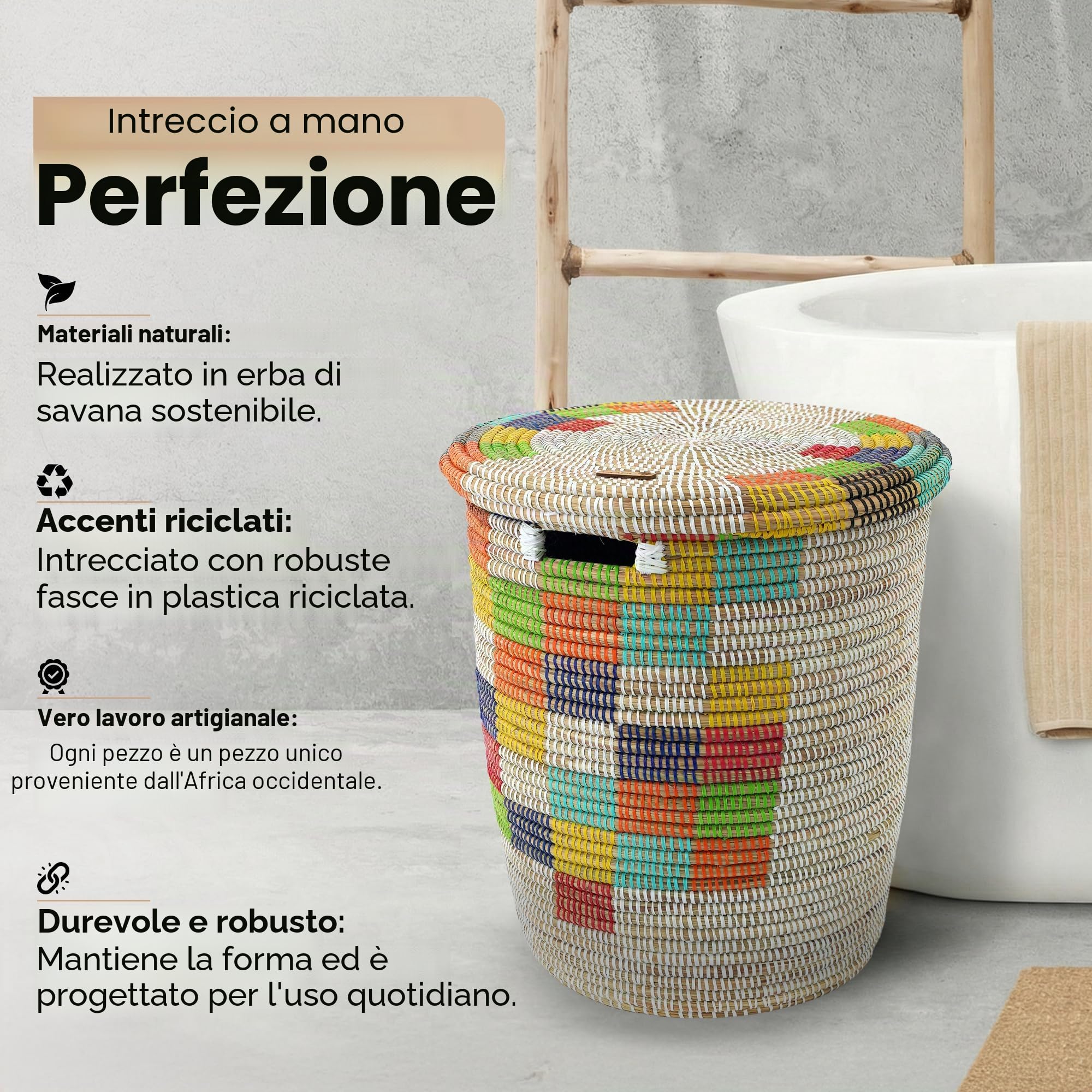 YAADU XL Cesto per la biancheria con coperchio 50L - Cesto intrecciato, cesto per giocattoli, cesto per la biancheria, raccoglitore per la biancheria Modello Numu (Bianco-Ato-Rettangolare)